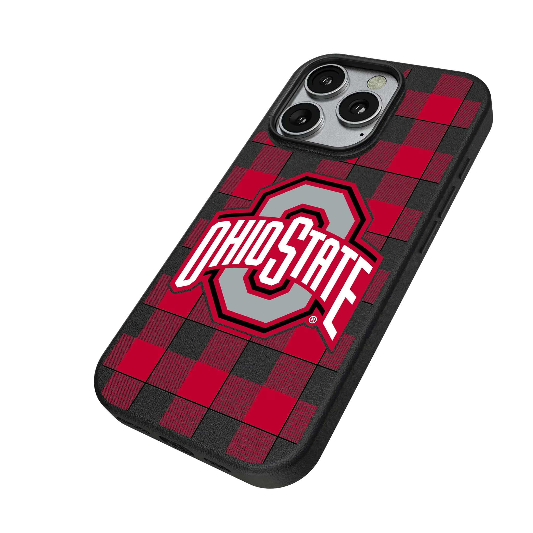 Ohio State University Buckeyes Plaid iPhone MagSafe Compatible Phone Case for Apple iPhone - Isometric View