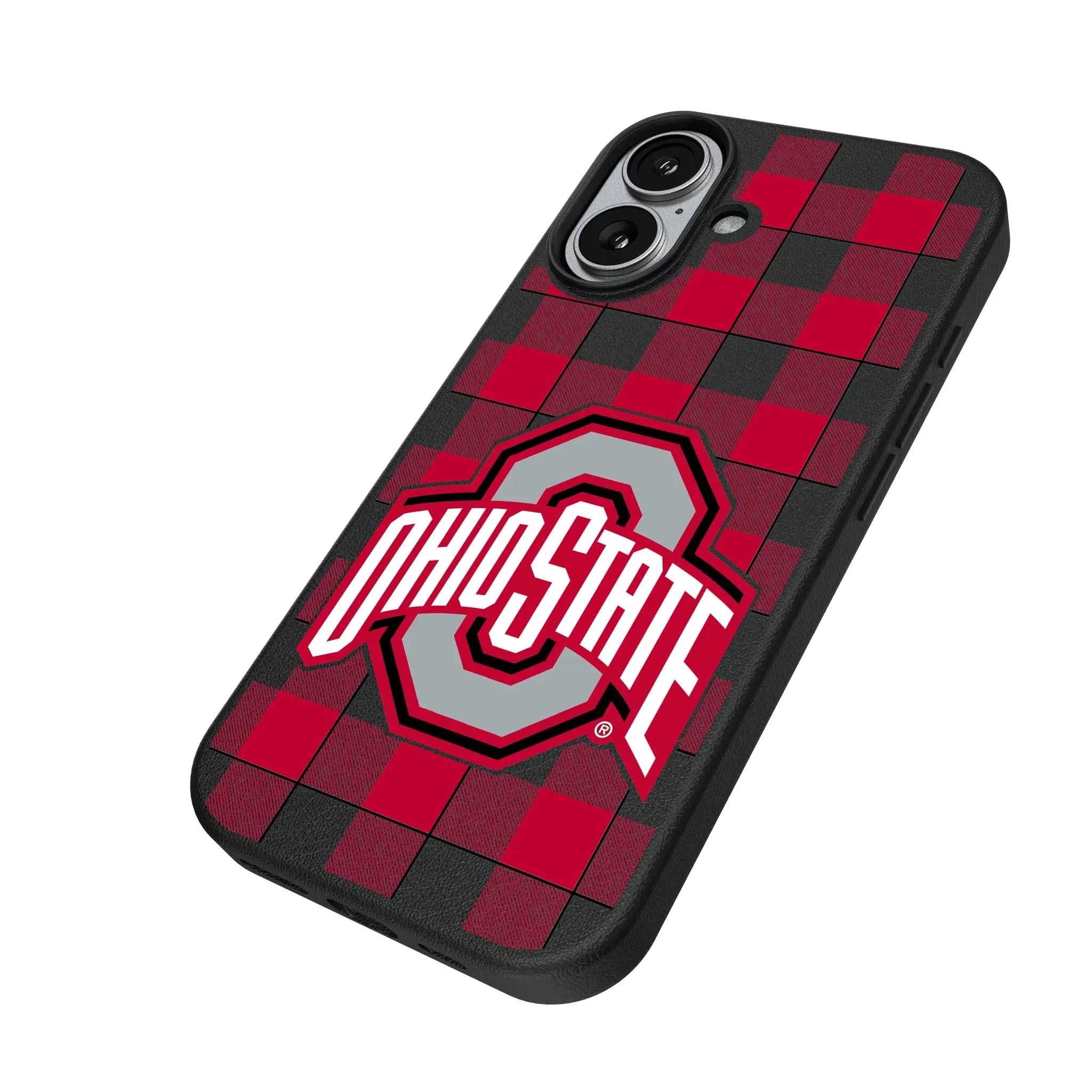 Ohio State University Buckeyes Plaid iPhone MagSafe Compatible Phone Case for Apple iPhone - Isometric View#Device_iPhone 17