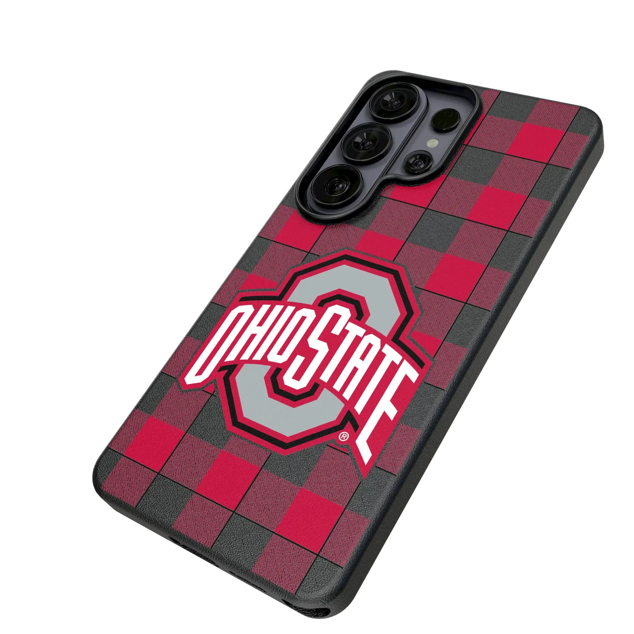 Ohio State University Buckeyes Plaid Galaxy MagSafe Compatible Phone Case for Samsung Galaxy - Isometric View#Device_Galaxy S26 Ultra