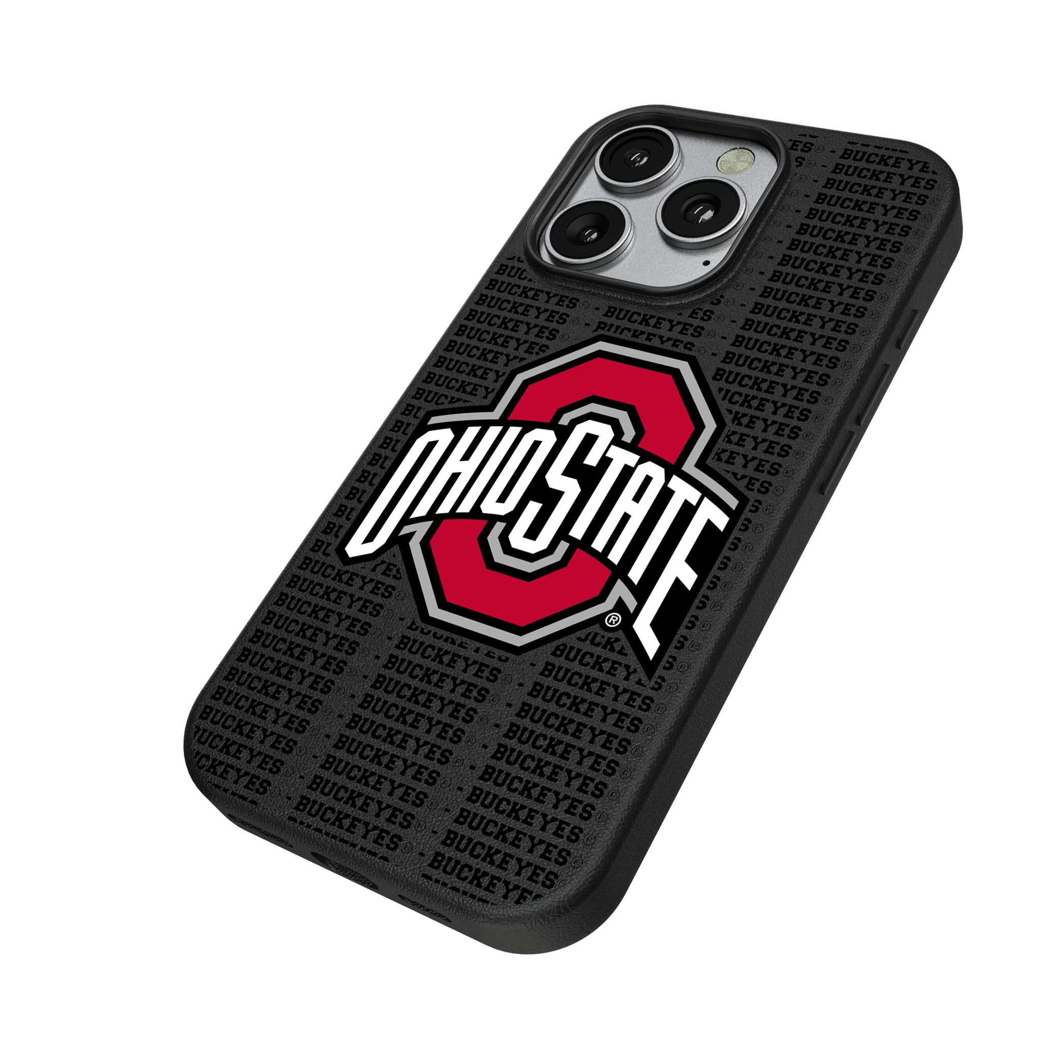 Ohio State University Buckeyes Text Backdrop iPhone MagSafe Compatible Phone Case for Apple iPhone - Isometric View