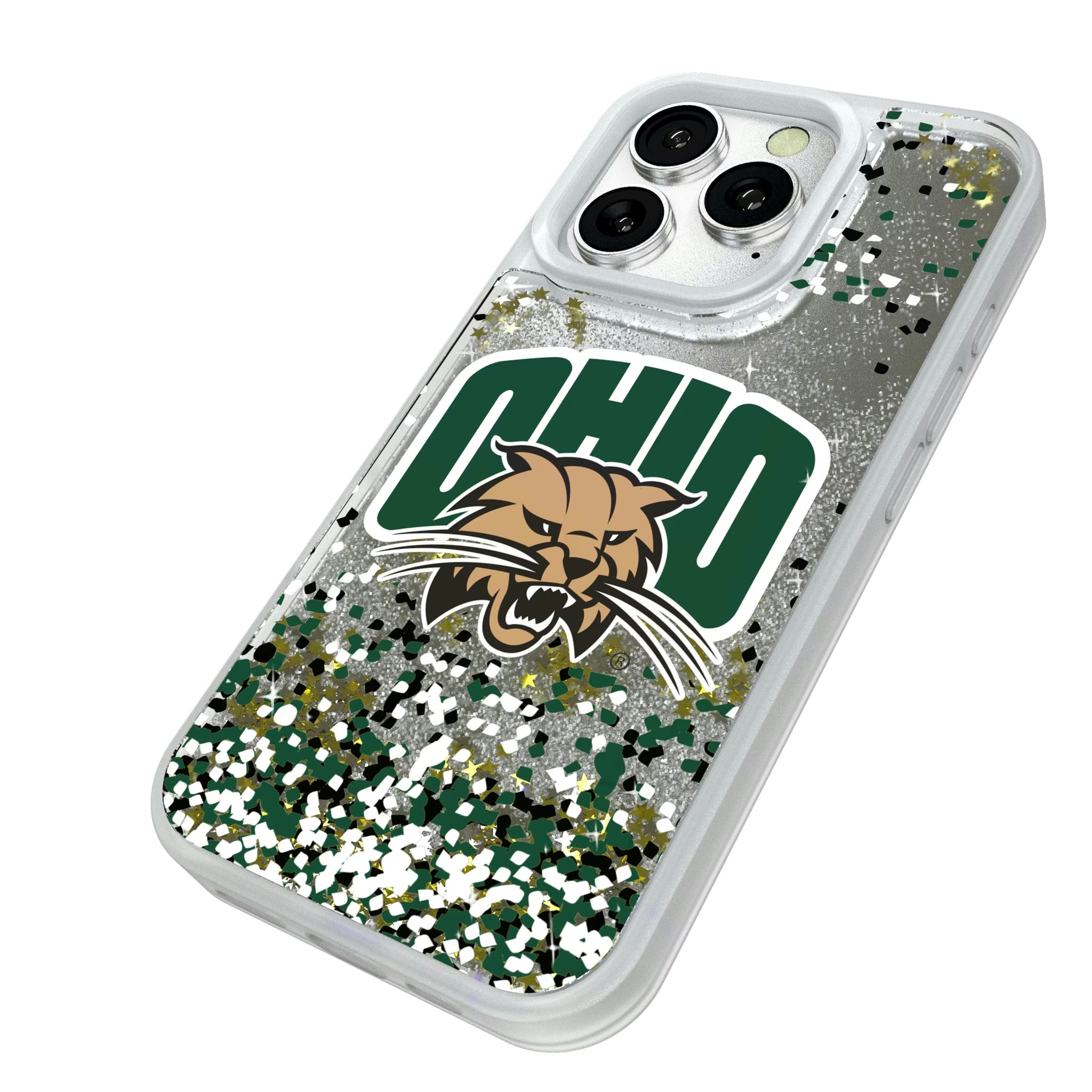 Ohio University Bobcats Confetti iPhone Glitter Phone Case for Apple iPhone - Isometric View#Device_iPhone 16 Pro