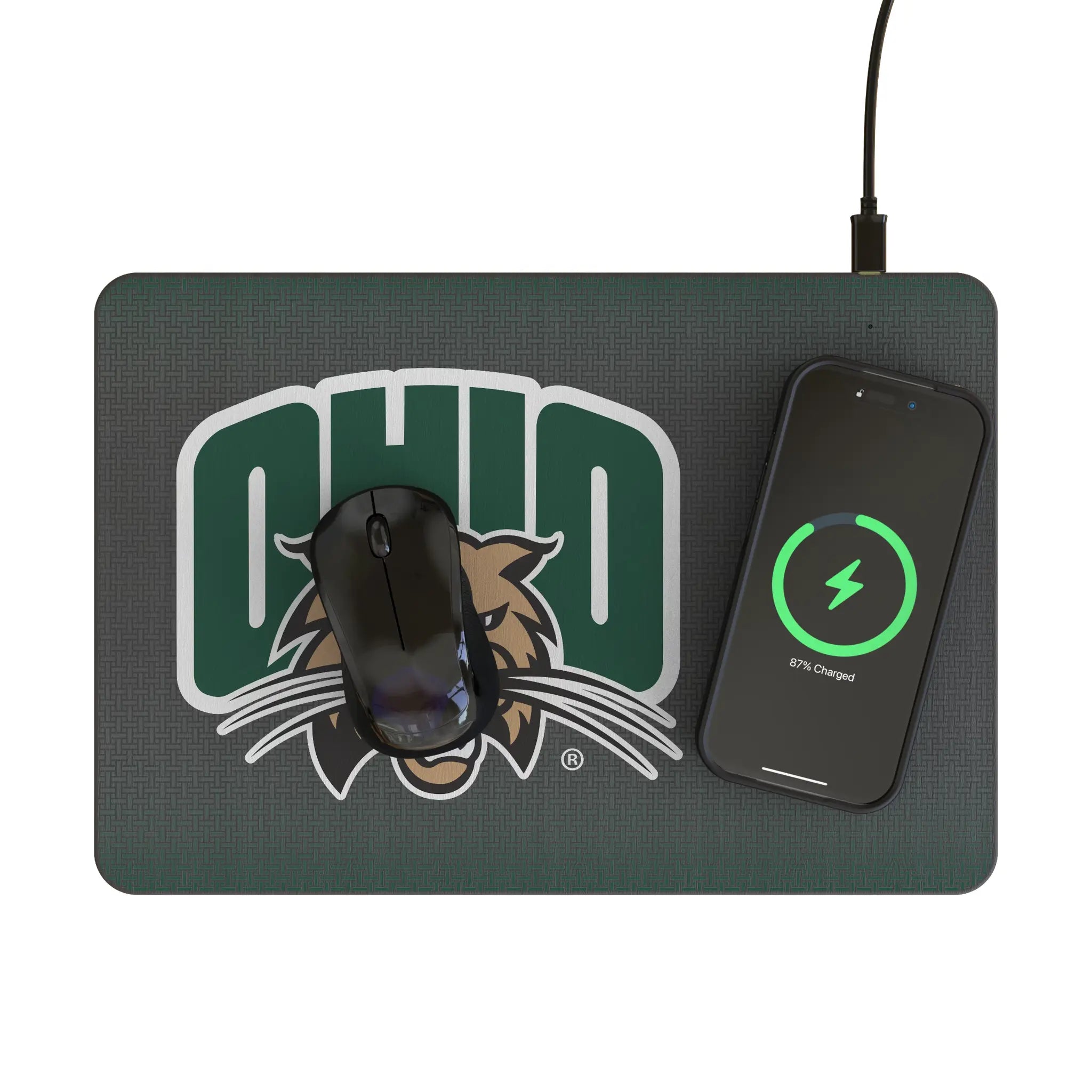 Ohio University Bobcats Linen 15-Watt Wireless Charger and Mouse Pad - Lifestyle