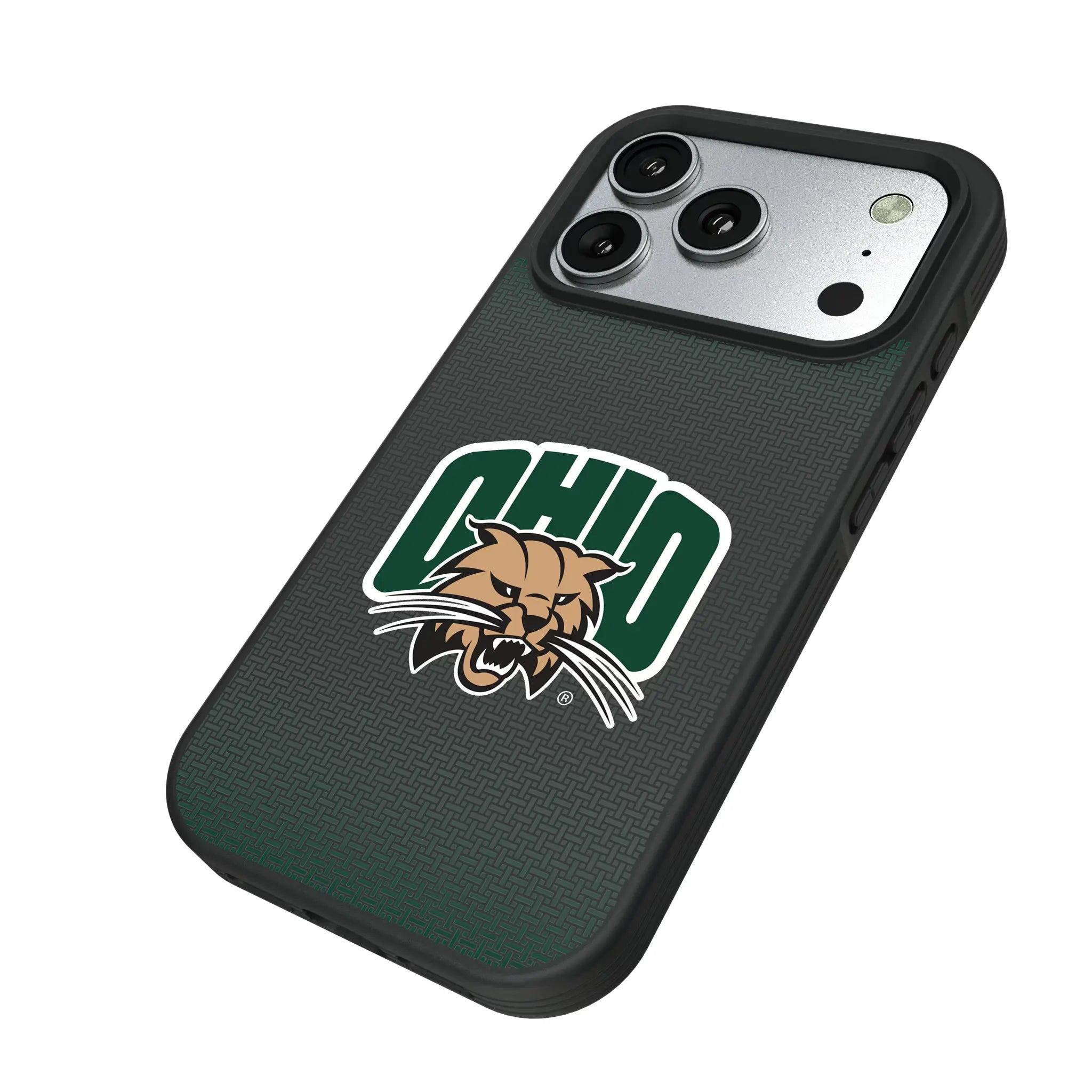 Ohio University Bobcats Linen iPhone Bump Phone Case for Apple iPhone - Isometric View#Device_iPhone 17 Pro