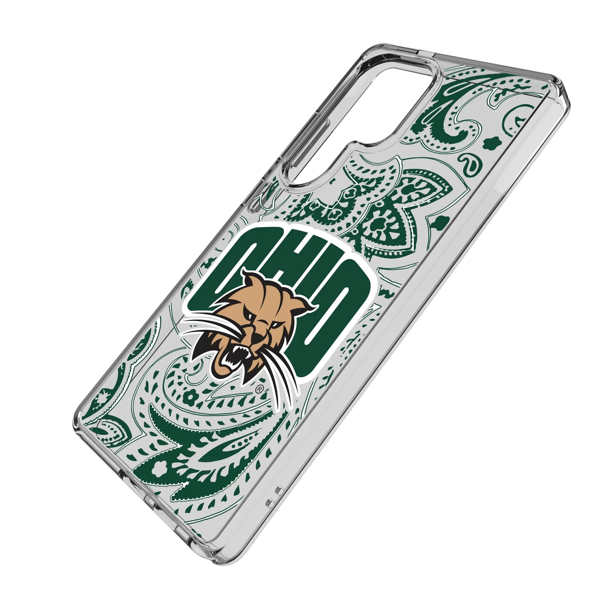 Ohio University Bobcats Paisley Galaxy Clear Phone Case for Samsung Galaxy - Isometric View#Device_Galaxy S25 Ultra