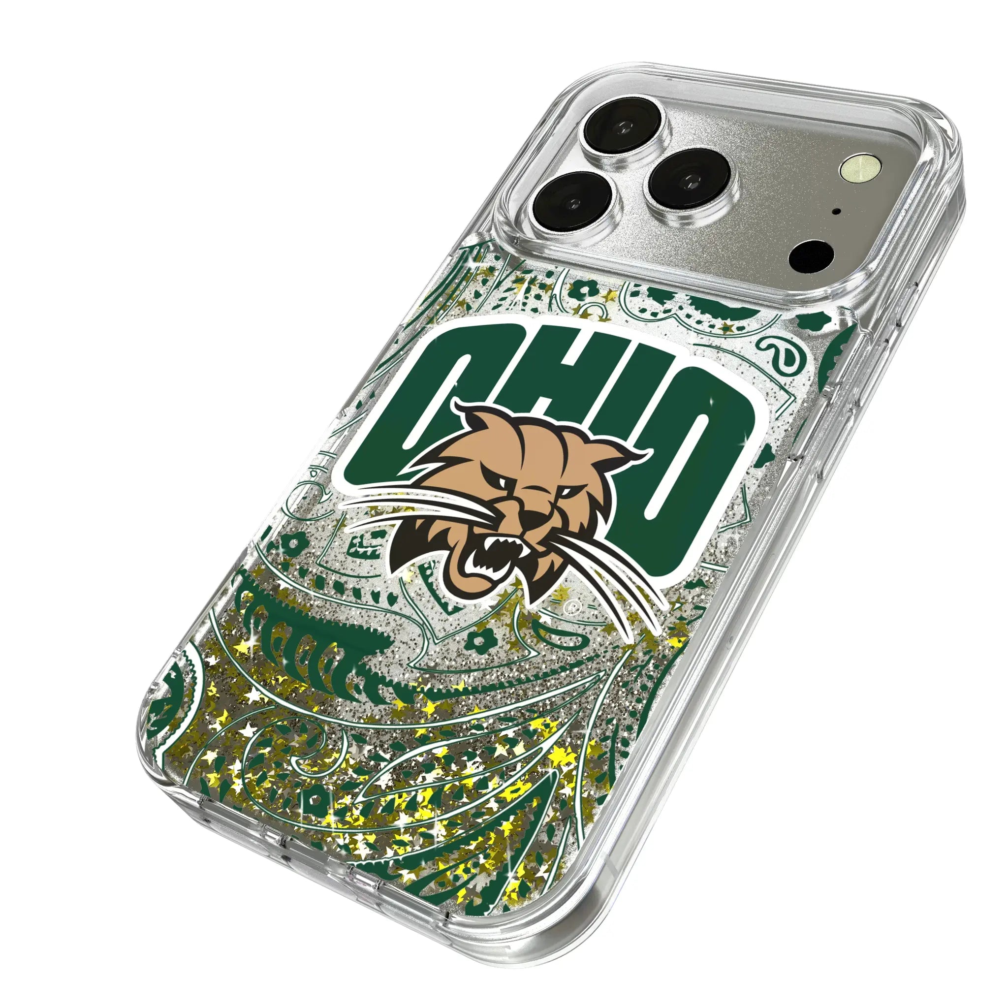 Ohio University Bobcats Paisley iPhone Glitter Phone Case for Apple iPhone - Isometric View
