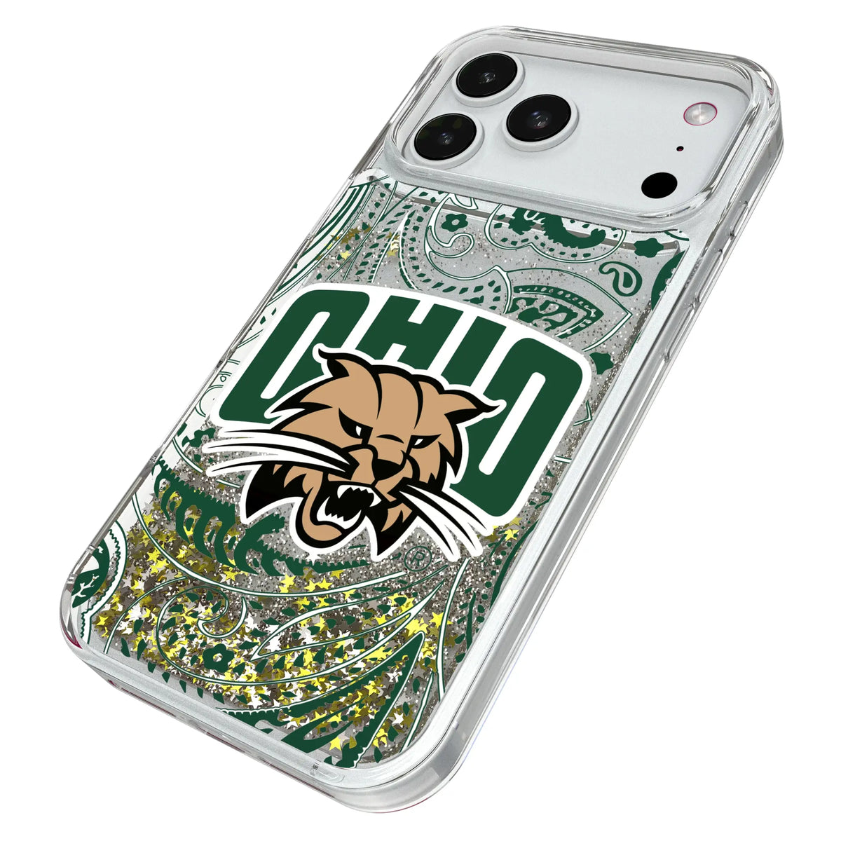Ohio University Bobcats Paisley iPhone Glitter Phone Case for Apple iPhone - Isometric View#Device_iPhone 18 Pro Max