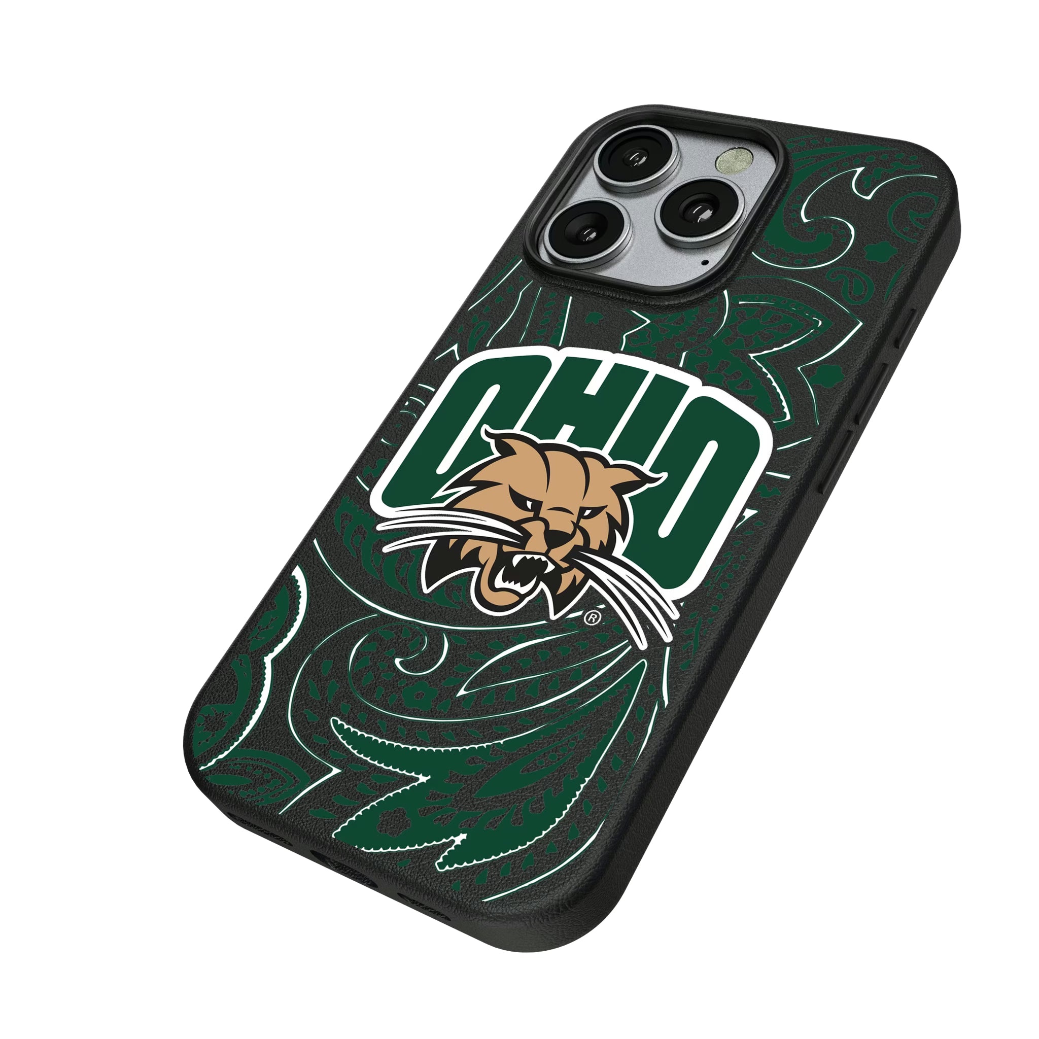 Ohio University Bobcats Paisley iPhone MagSafe Compatible Phone Case for Apple iPhone - Isometric View