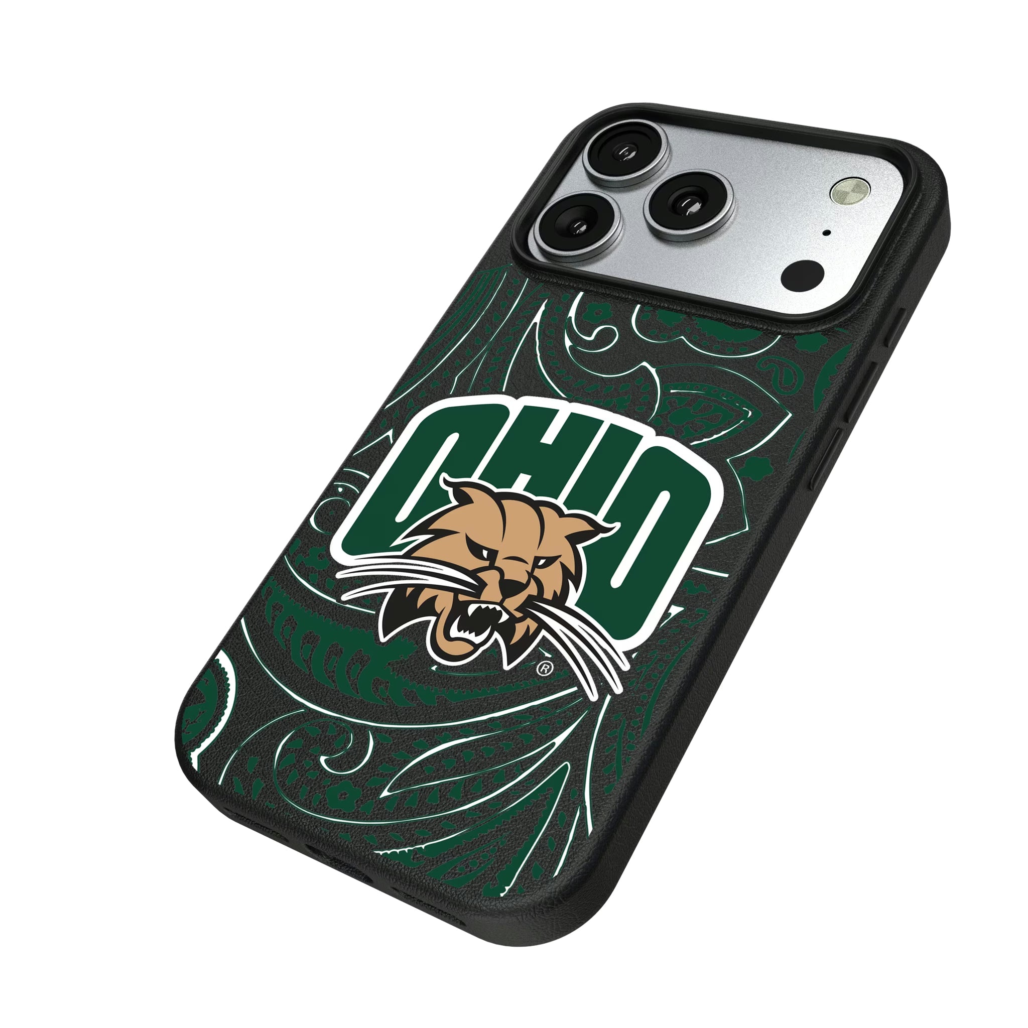 Ohio University Bobcats Paisley iPhone MagSafe Compatible Phone Case for Apple iPhone - Isometric View#Device_iPhone 17 Pro