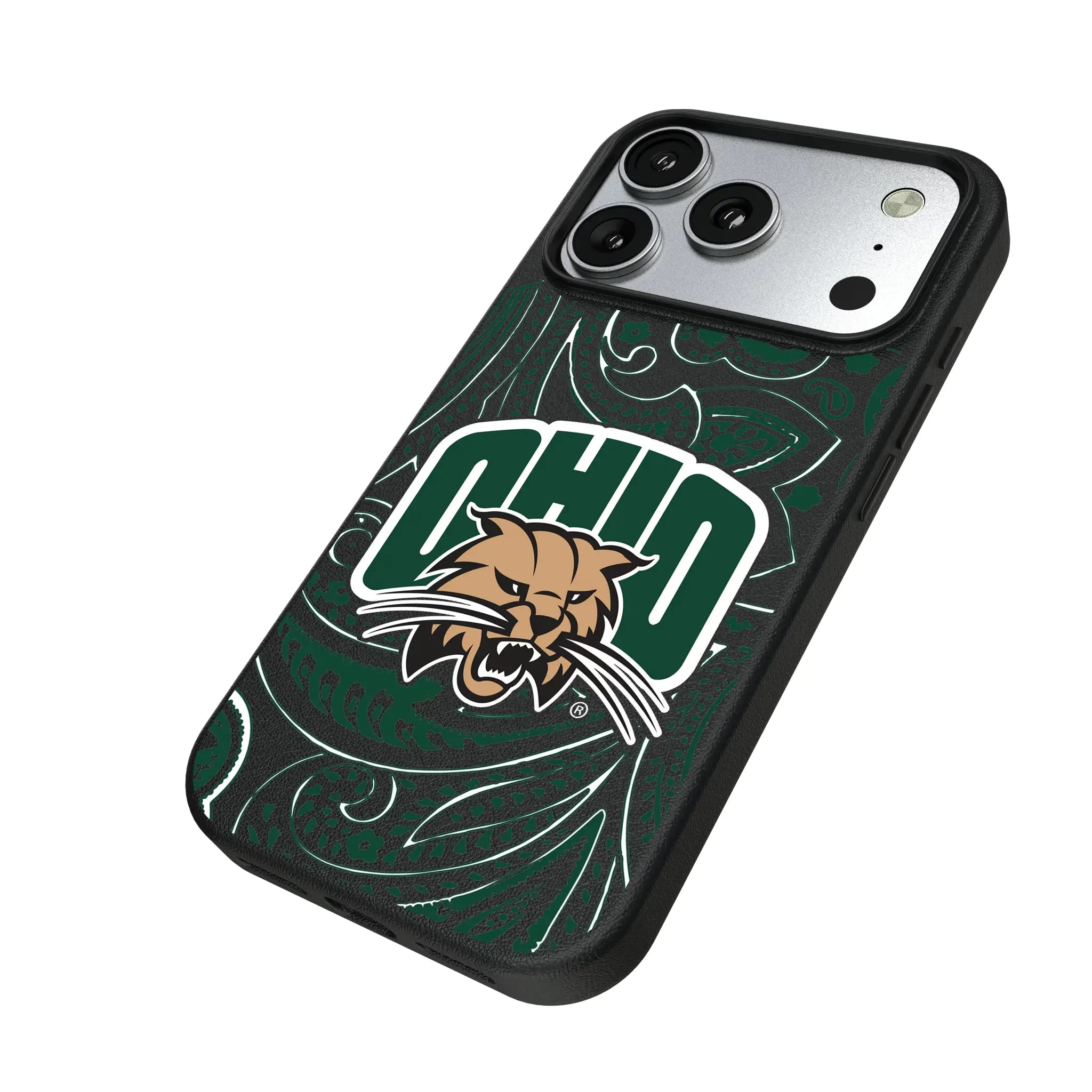 Ohio University Bobcats Paisley iPhone MagSafe Compatible Phone Case for Apple iPhone - Isometric View#Device_iPhone 17 Pro