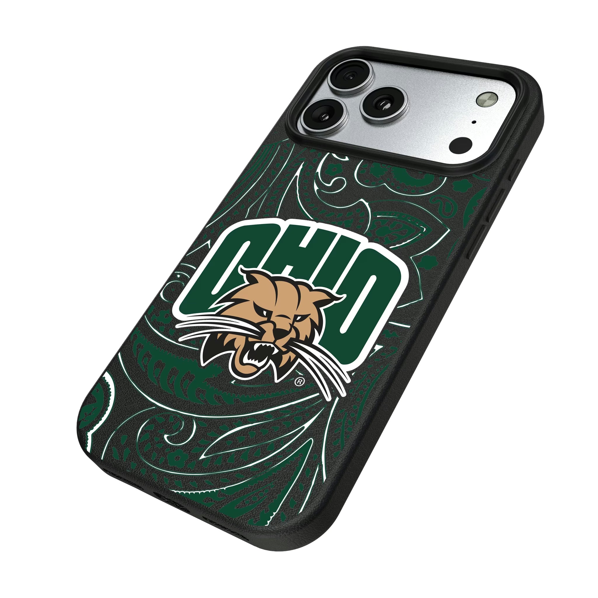 Ohio University Bobcats Paisley iPhone MagSafe Compatible Phone Case for Apple iPhone - Isometric View#Device_iPhone 17 Pro Max