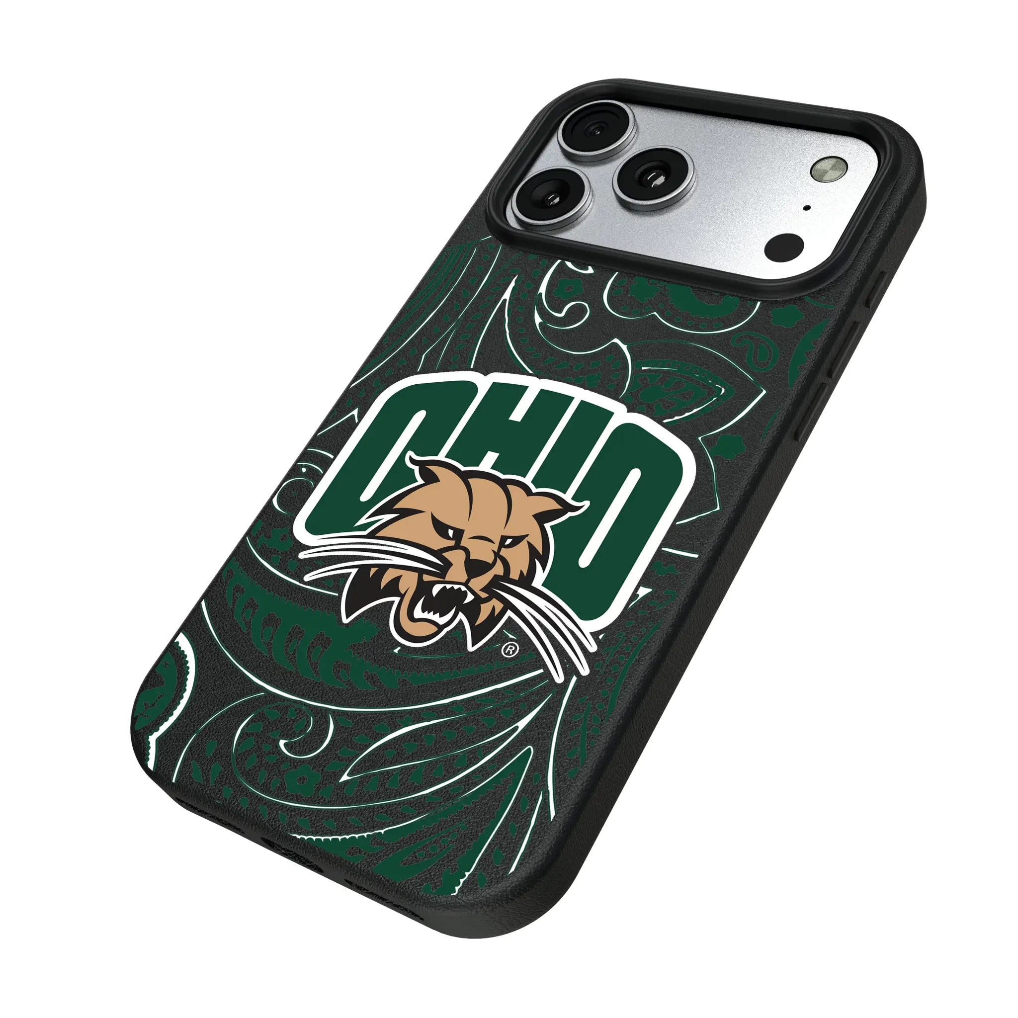 Ohio University Bobcats Paisley iPhone MagSafe Compatible Phone Case for Apple iPhone - Isometric View#Device_iPhone 17 Pro Max