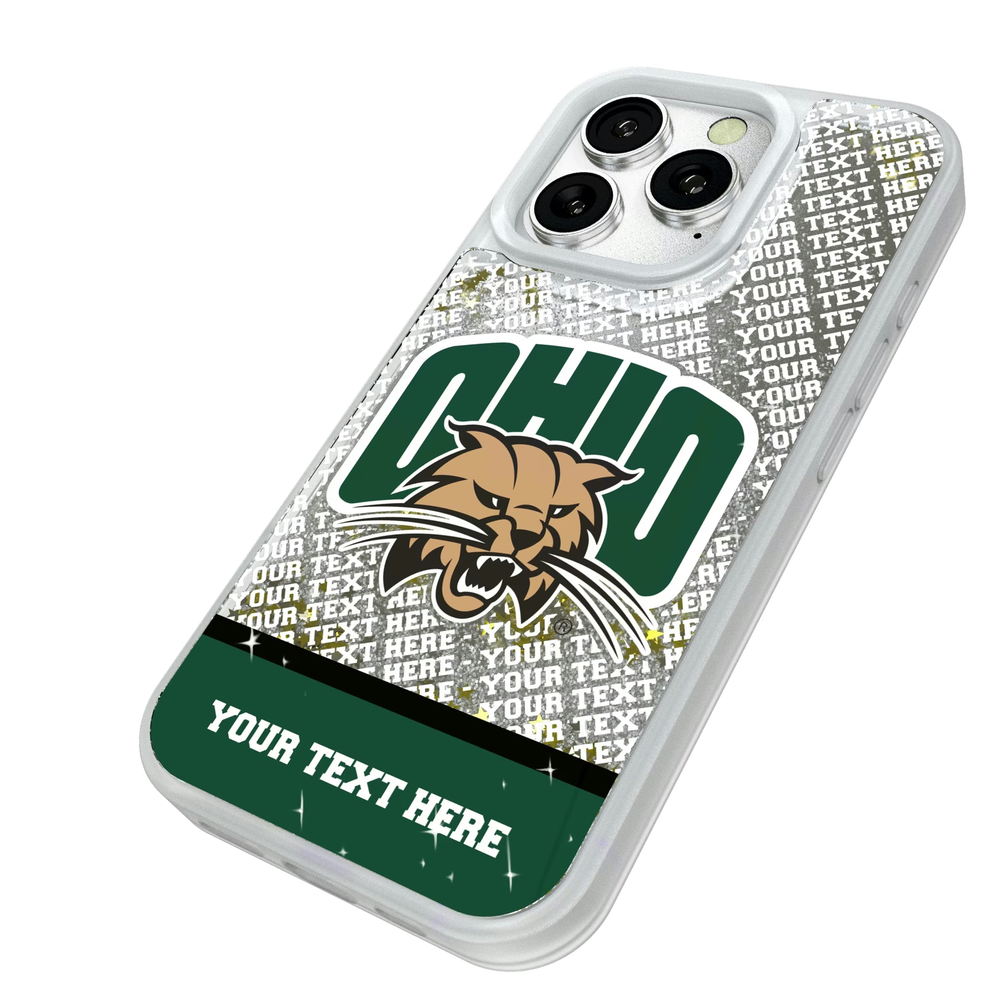 Ohio University Bobcats Personalized EndZone Plus iPhone Glitter Phone Case for Apple iPhone - Isometric View#Device_iPhone 16 Pro