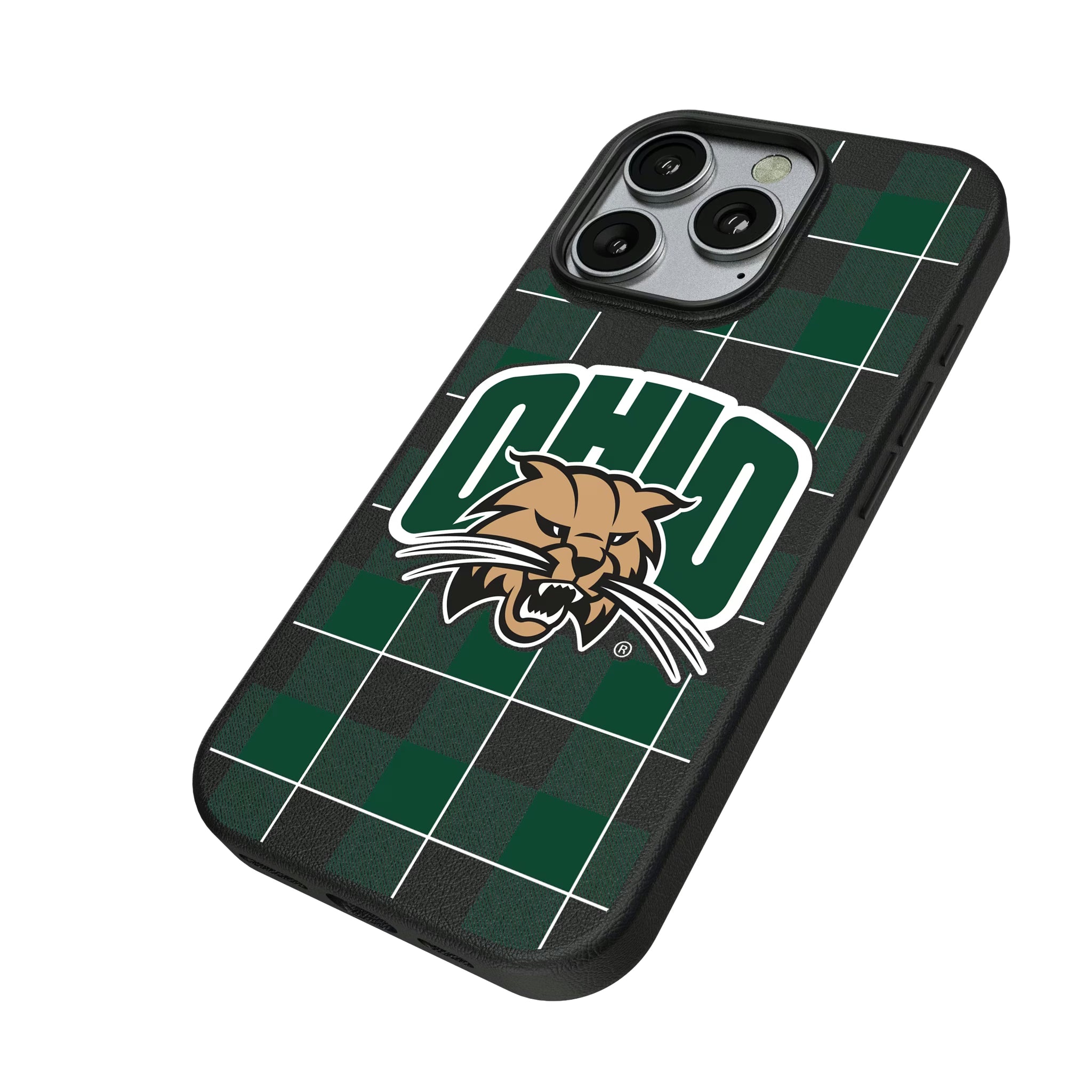Ohio University Bobcats Plaid iPhone MagSafe Compatible Phone Case for Apple iPhone - Isometric View