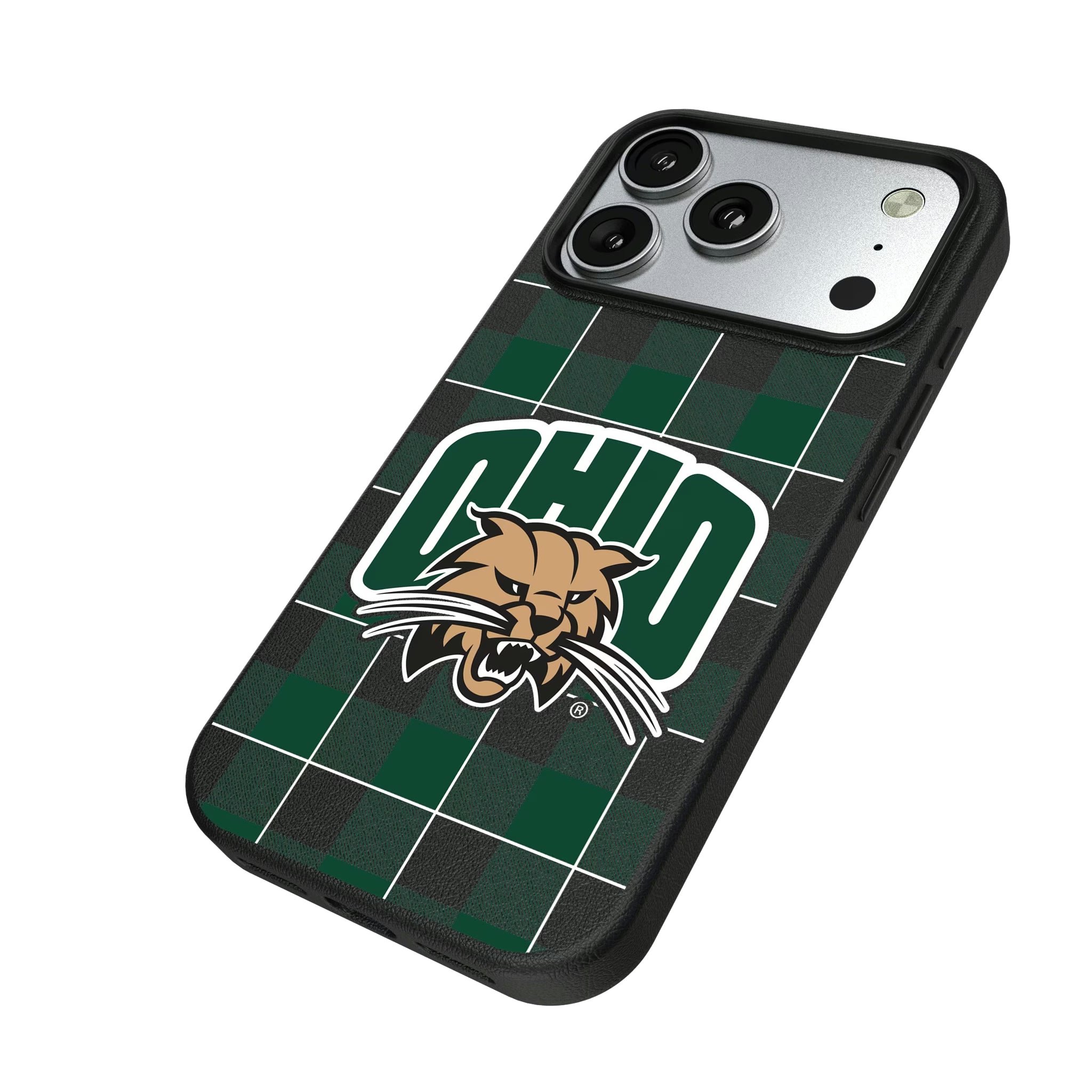 Ohio University Bobcats Plaid iPhone MagSafe Compatible Phone Case for Apple iPhone - Isometric View#Device_iPhone 17 Pro