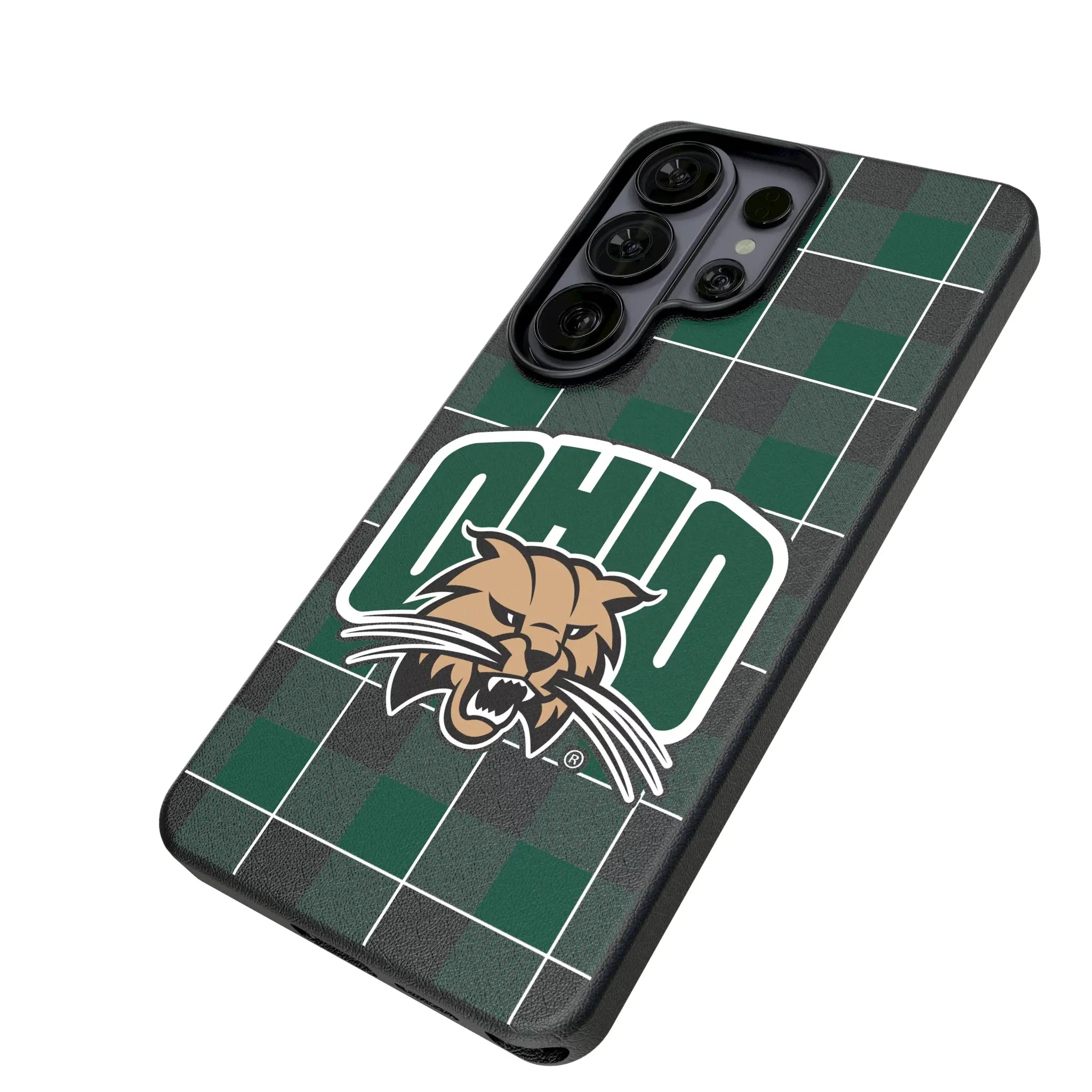 Ohio University Bobcats Plaid Galaxy MagSafe Compatible Phone Case for Samsung Galaxy - Isometric View#Device_Galaxy S26 Ultra