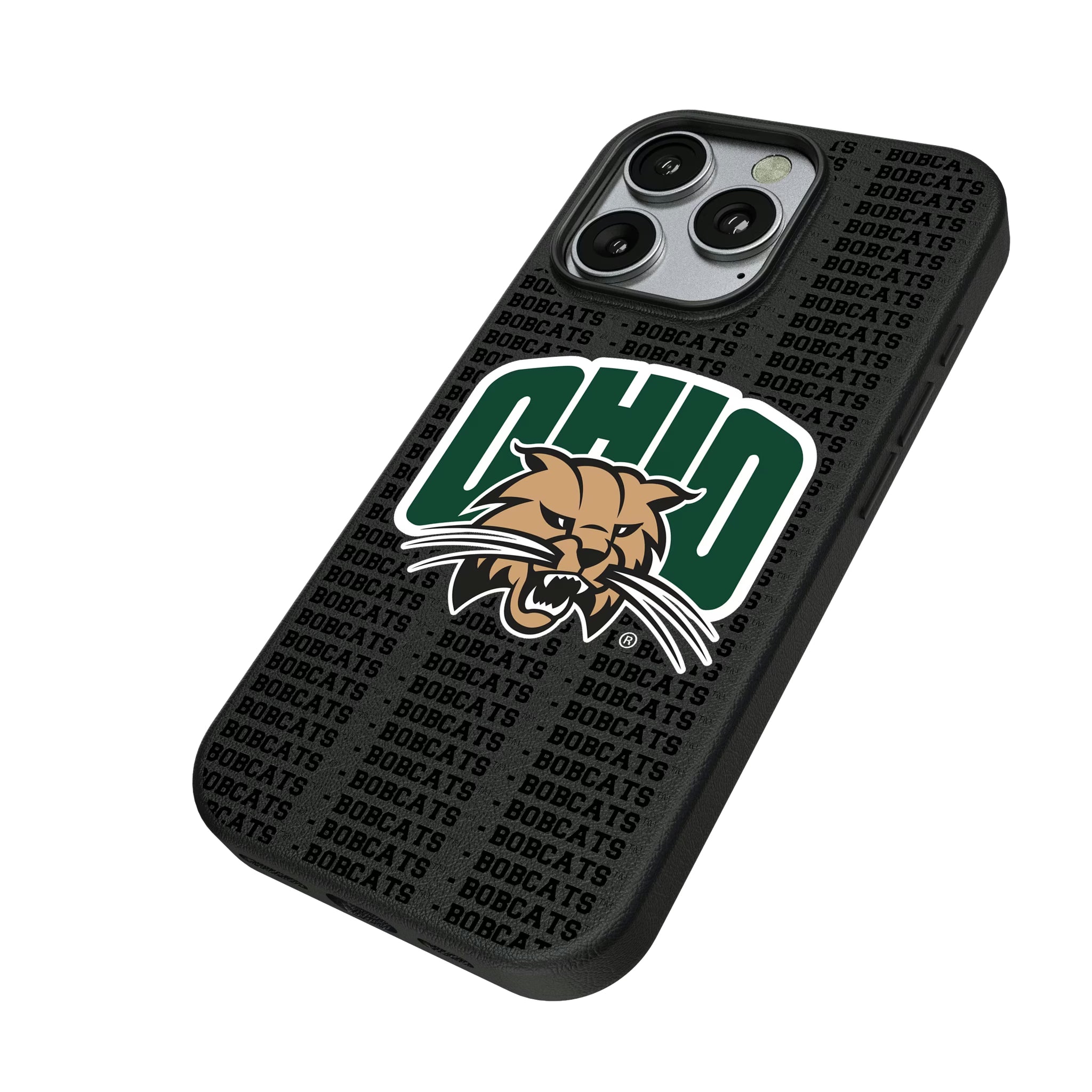 Ohio University Bobcats Text Backdrop iPhone MagSafe Compatible Phone Case for Apple iPhone - Isometric View