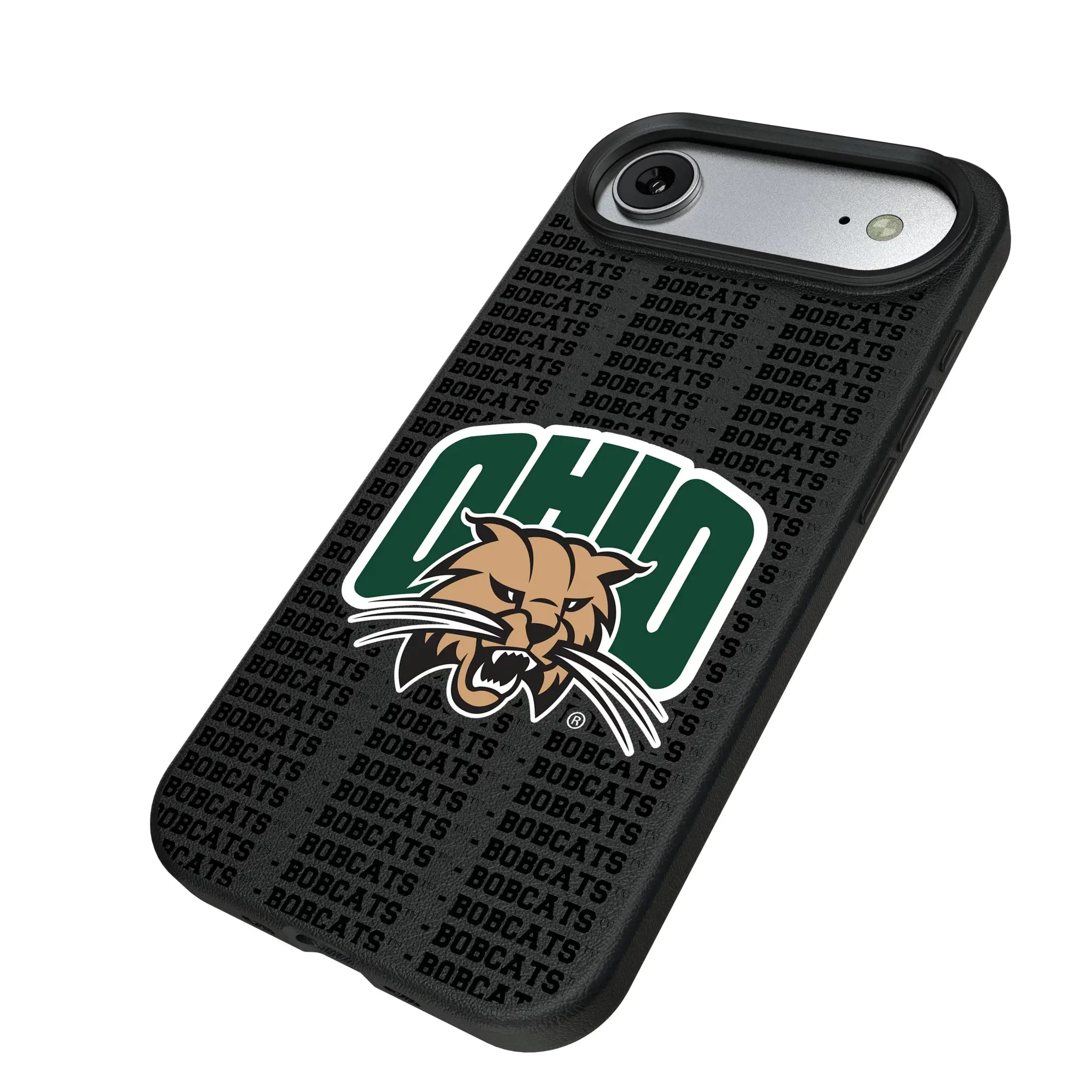 Ohio University Bobcats Text Backdrop iPhone MagSafe Compatible Phone Case for Apple iPhone - Isometric View#Device_iPhone Air
