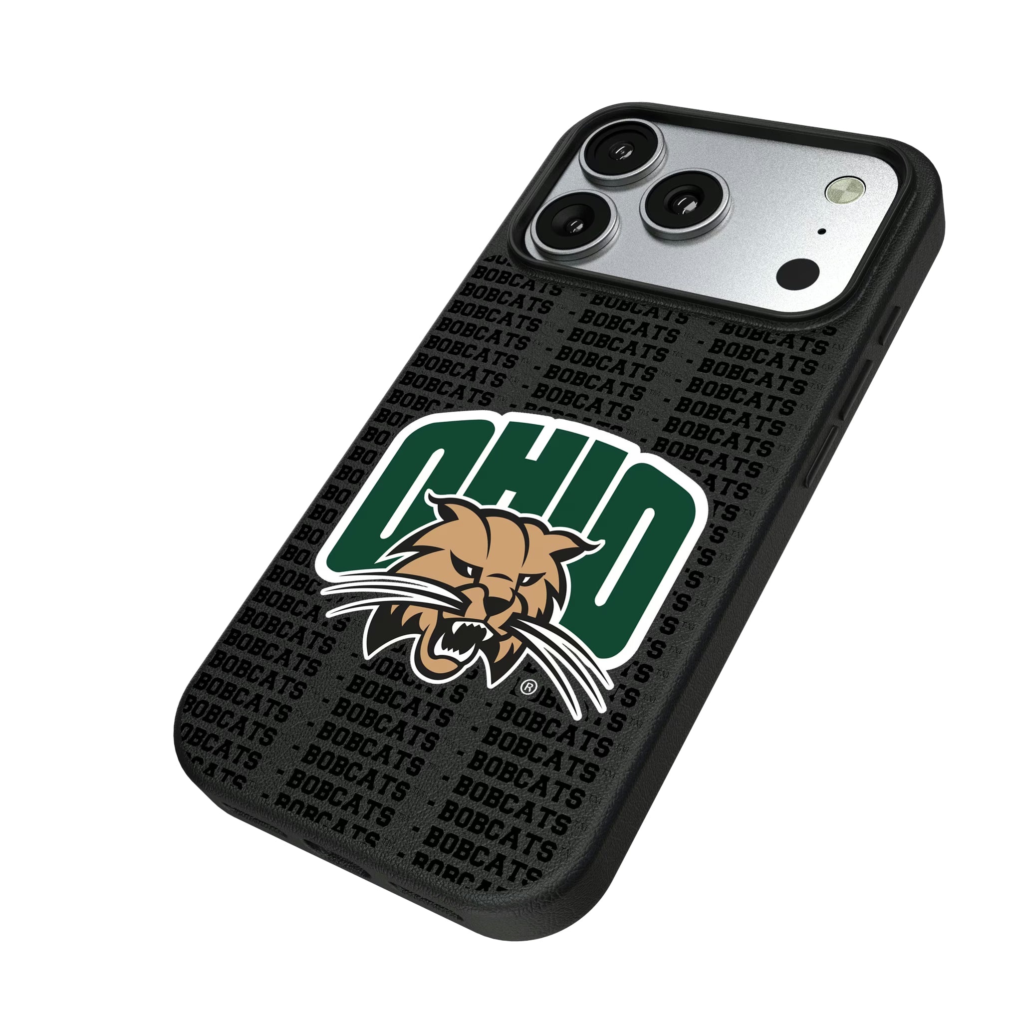 Ohio University Bobcats Text Backdrop iPhone MagSafe Compatible Phone Case for Apple iPhone - Isometric View#Device_iPhone 17 Pro