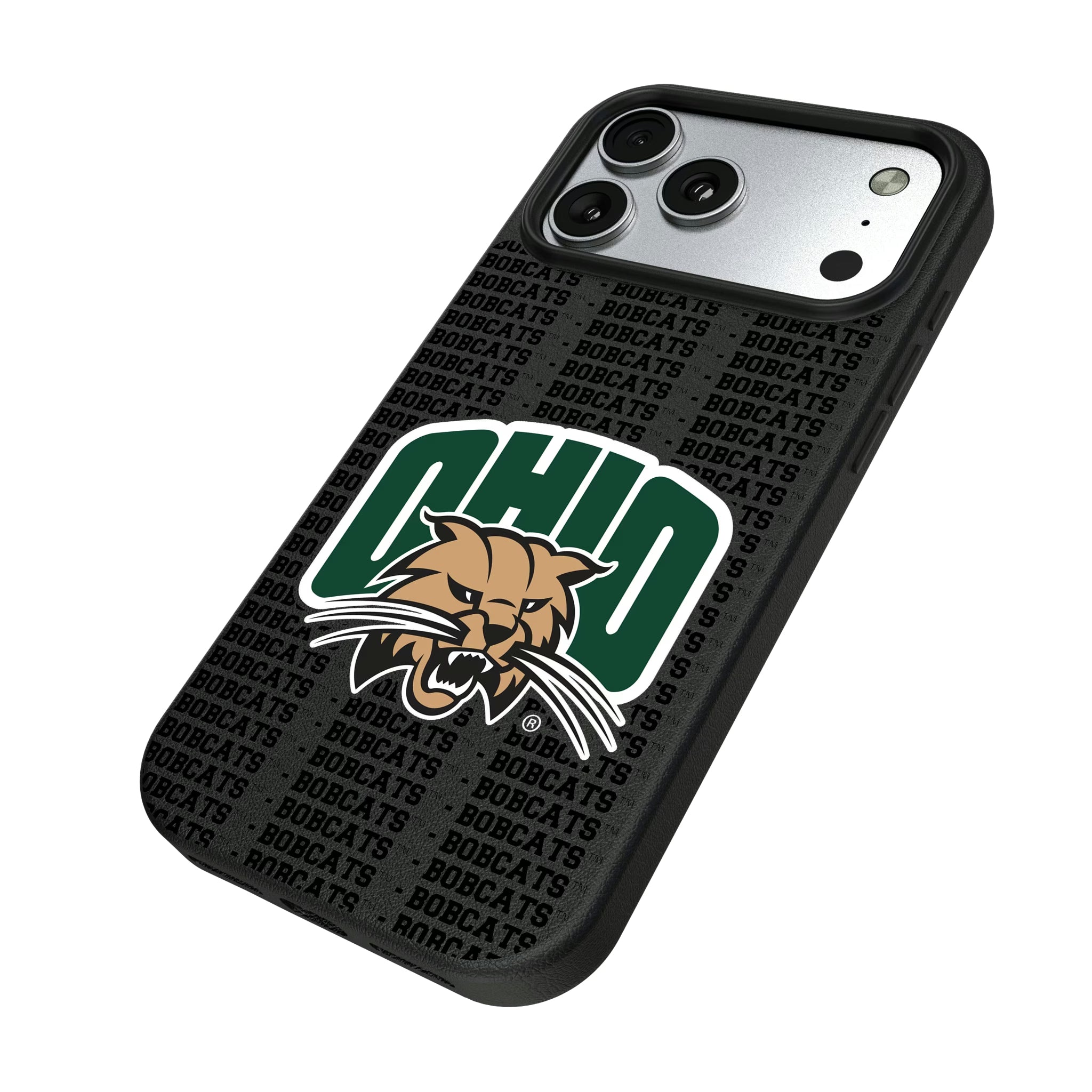 Ohio University Bobcats Text Backdrop iPhone MagSafe Compatible Phone Case for Apple iPhone - Isometric View#Device_iPhone 17 Pro Max