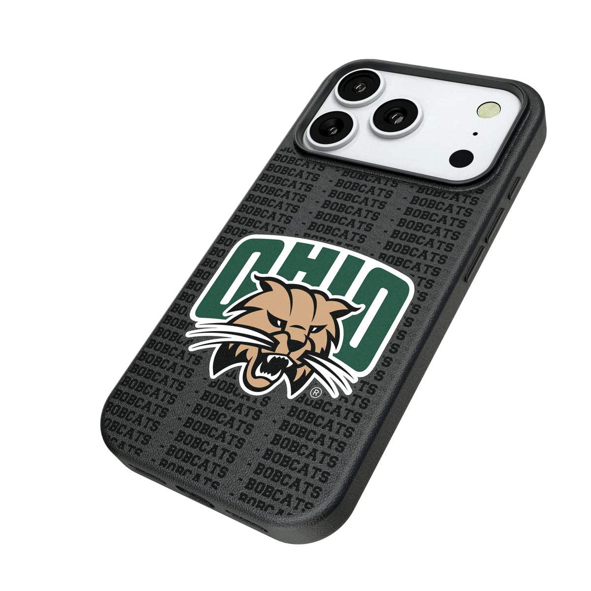 Ohio University Bobcats Text Backdrop iPhone MagSafe Compatible Phone Case for Apple iPhone - Isometric View#Device_iPhone 18 Pro