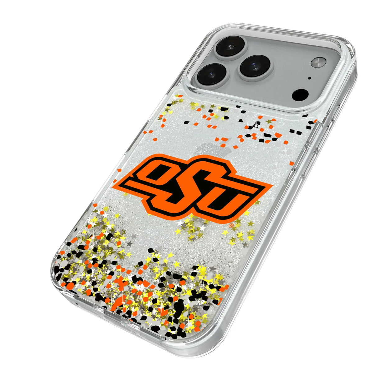 Oklahoma State University Cowboys Confetti iPhone Glitter Phone Case for Apple iPhone - Isometric View#Device_iPhone 18 Pro