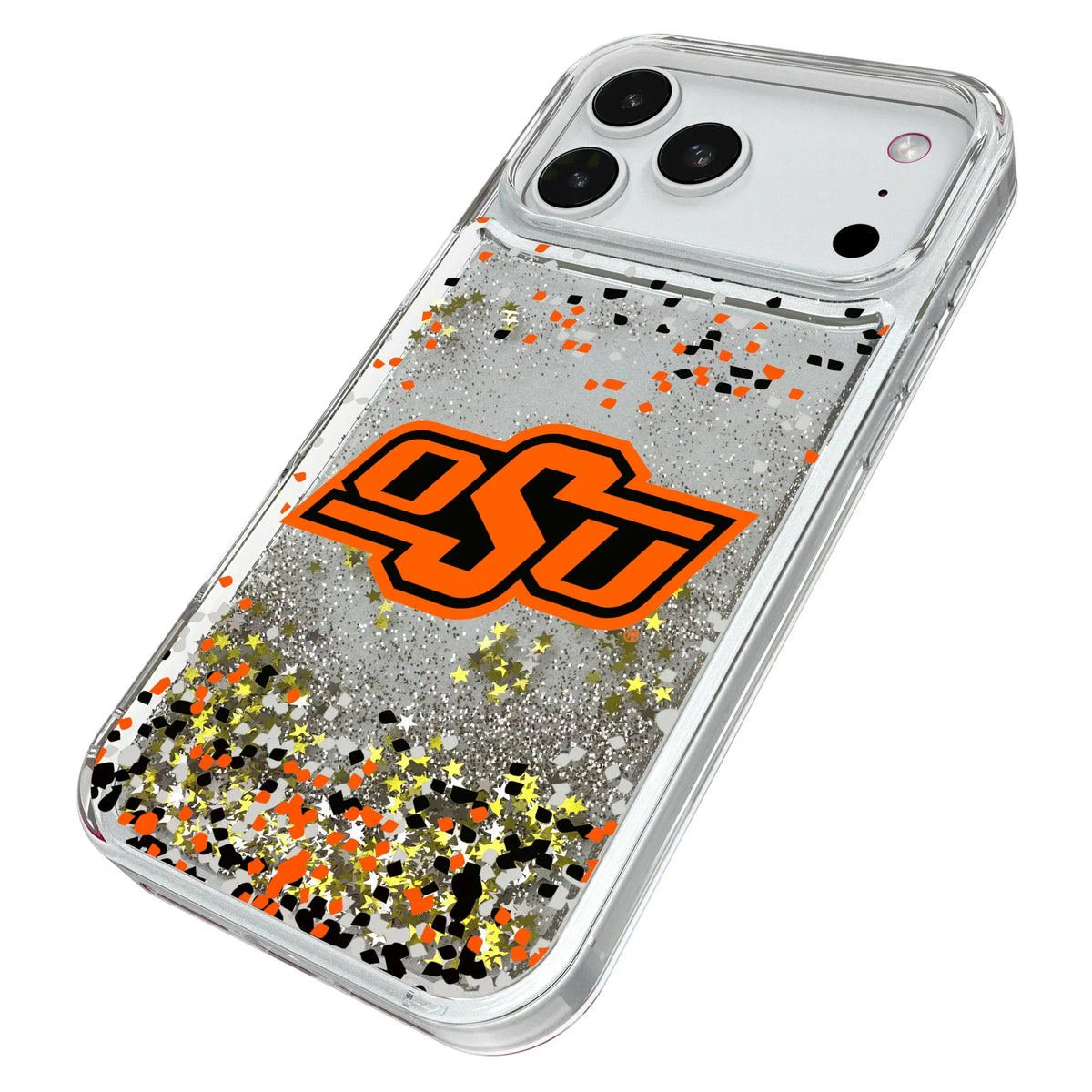 Oklahoma State University Cowboys Confetti iPhone Glitter Phone Case for Apple iPhone - Isometric View#Device_iPhone 18 Pro Max