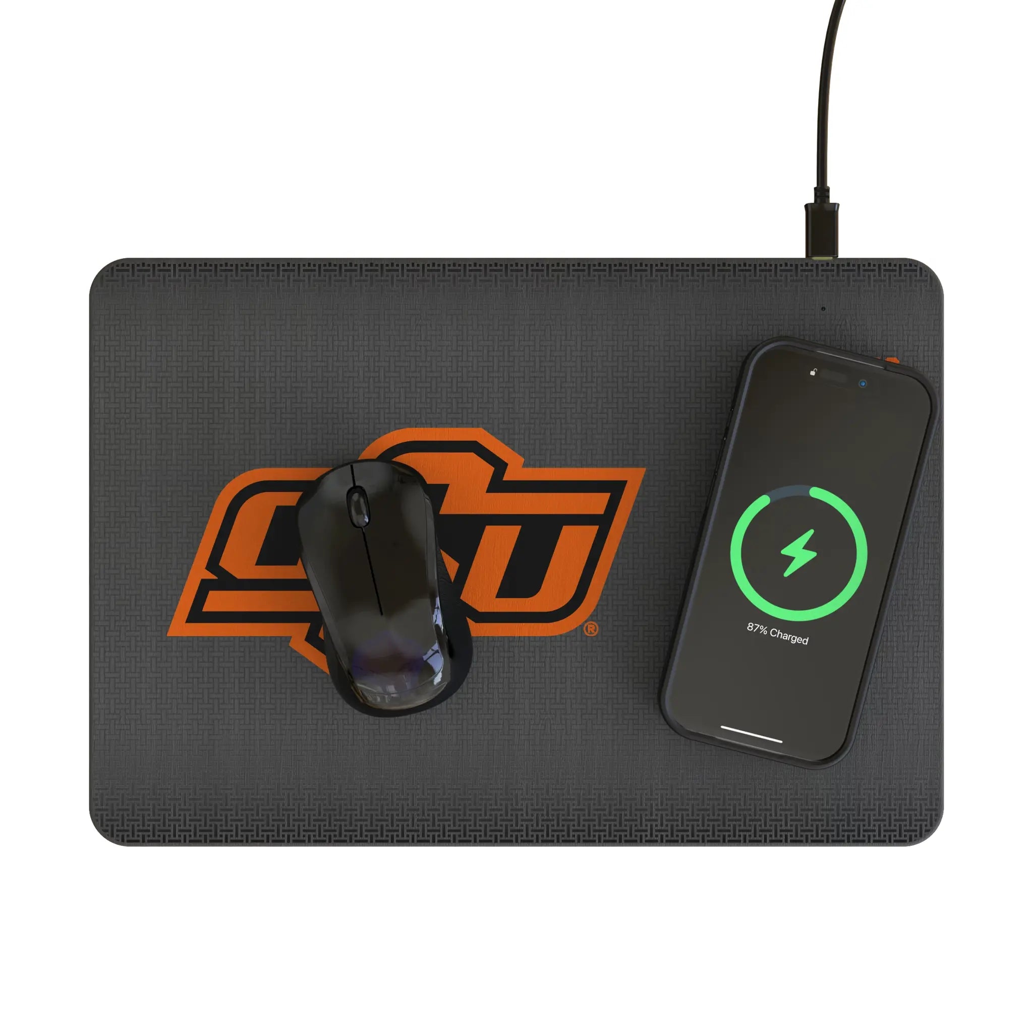 Oklahoma State University Cowboys Linen 15-Watt Wireless Charger and Mouse Pad - Lifestyle