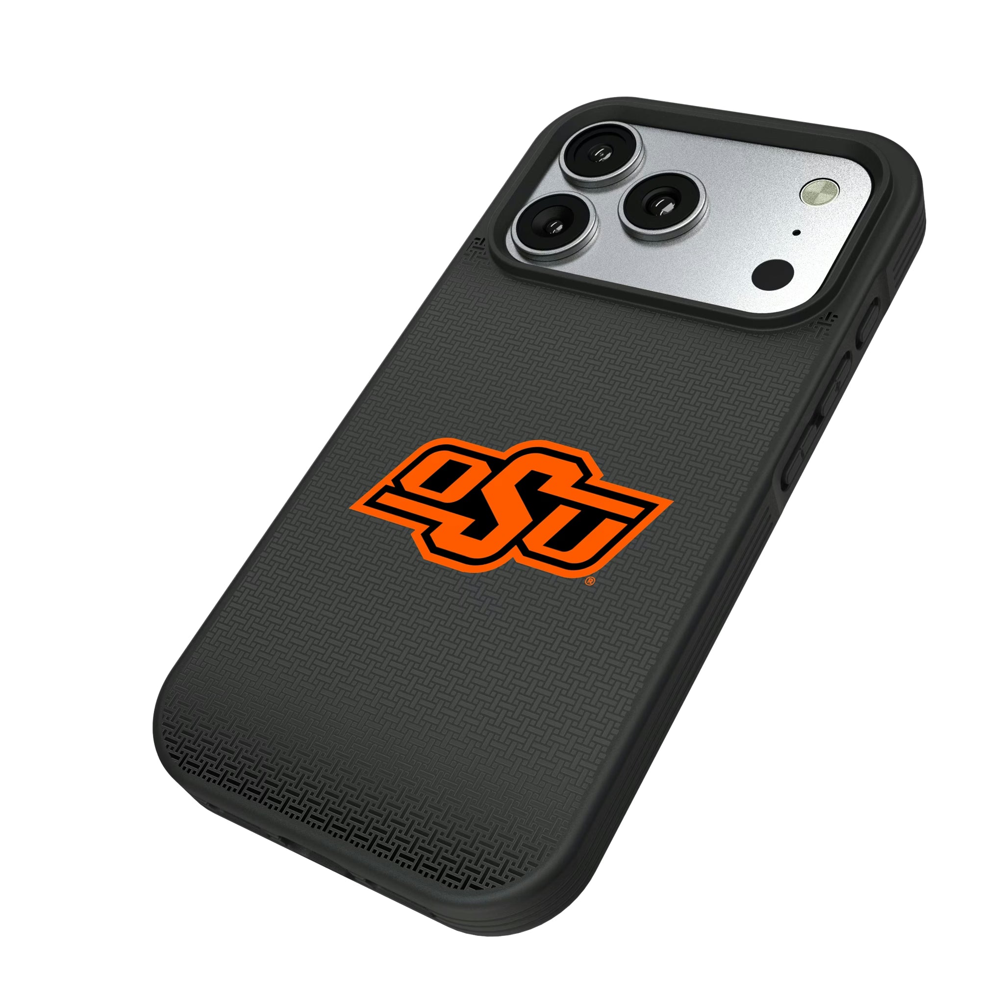 Oklahoma State University Cowboys Linen iPhone Bump Phone Case for Apple iPhone - Isometric View#Device_iPhone 17 Pro