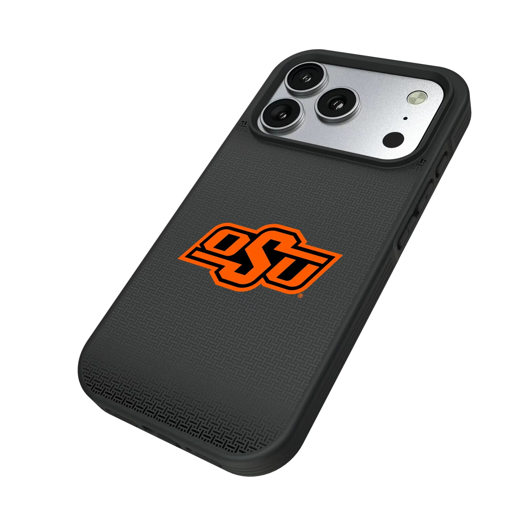 Oklahoma State University Cowboys Linen iPhone Bump Phone Case for Apple iPhone - Isometric View#Device_iPhone 17 Pro