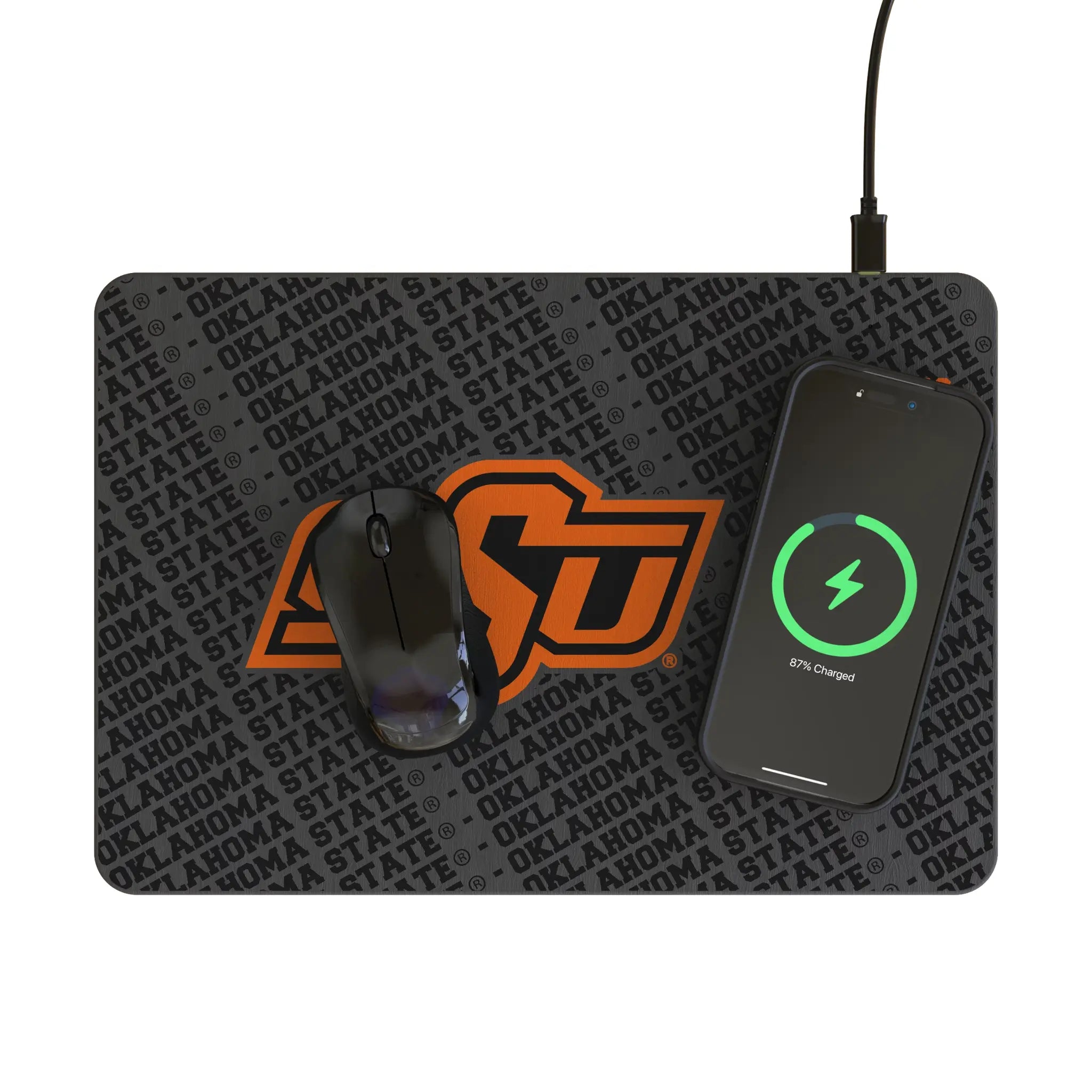 Oklahoma State University Cowboys Monocolor Tilt 15-Watt Wireless Charger and Mouse Pad - Lifestyle