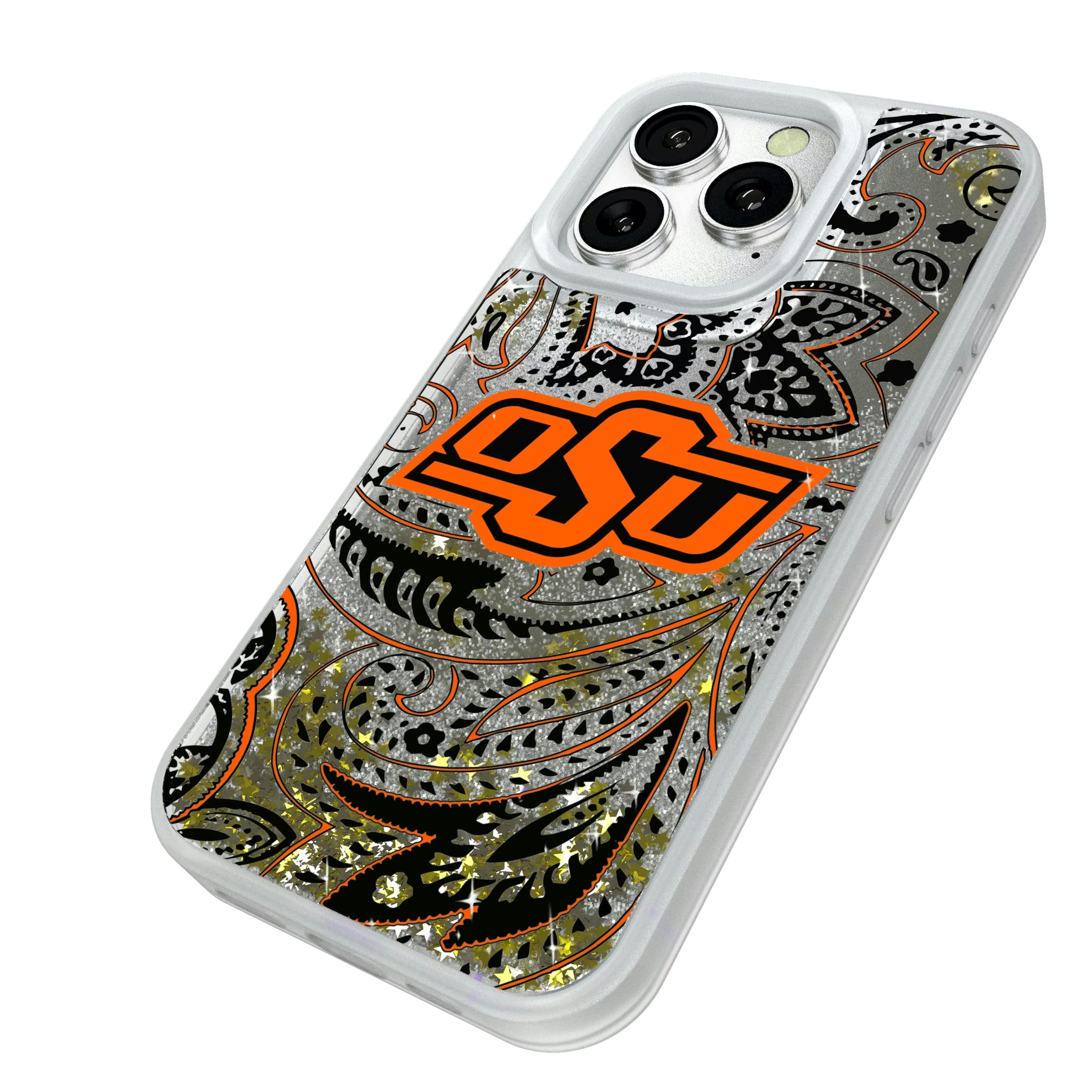 Oklahoma State University Cowboys Paisley iPhone Glitter Phone Case for Apple iPhone - Isometric View#Device_iPhone 16 Pro