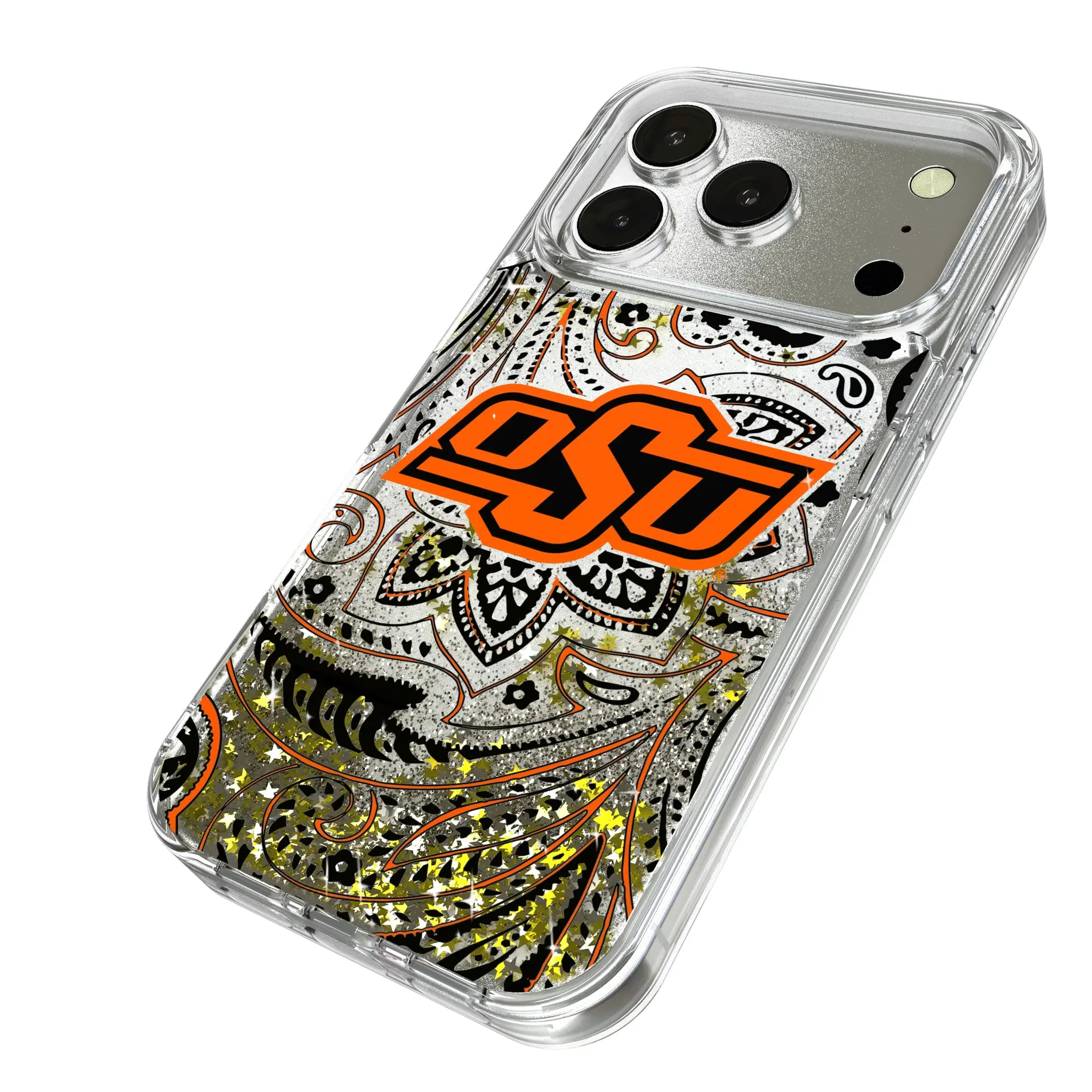 Oklahoma State University Cowboys Paisley iPhone Glitter Phone Case for Apple iPhone - Isometric View