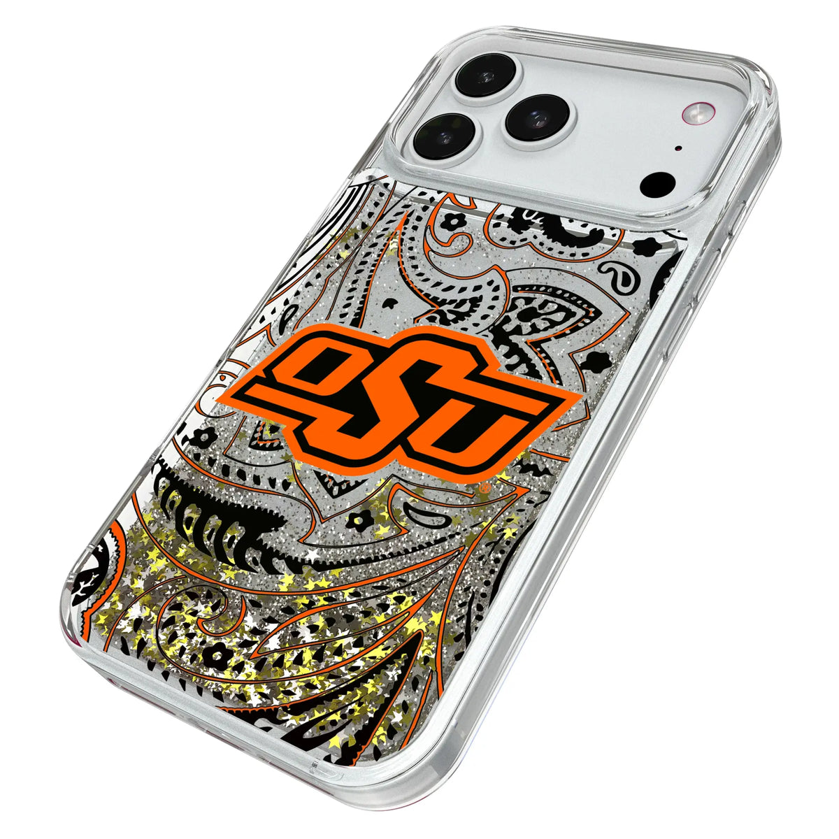 Oklahoma State University Cowboys Paisley iPhone Glitter Phone Case for Apple iPhone - Isometric View#Device_iPhone 18 Pro Max