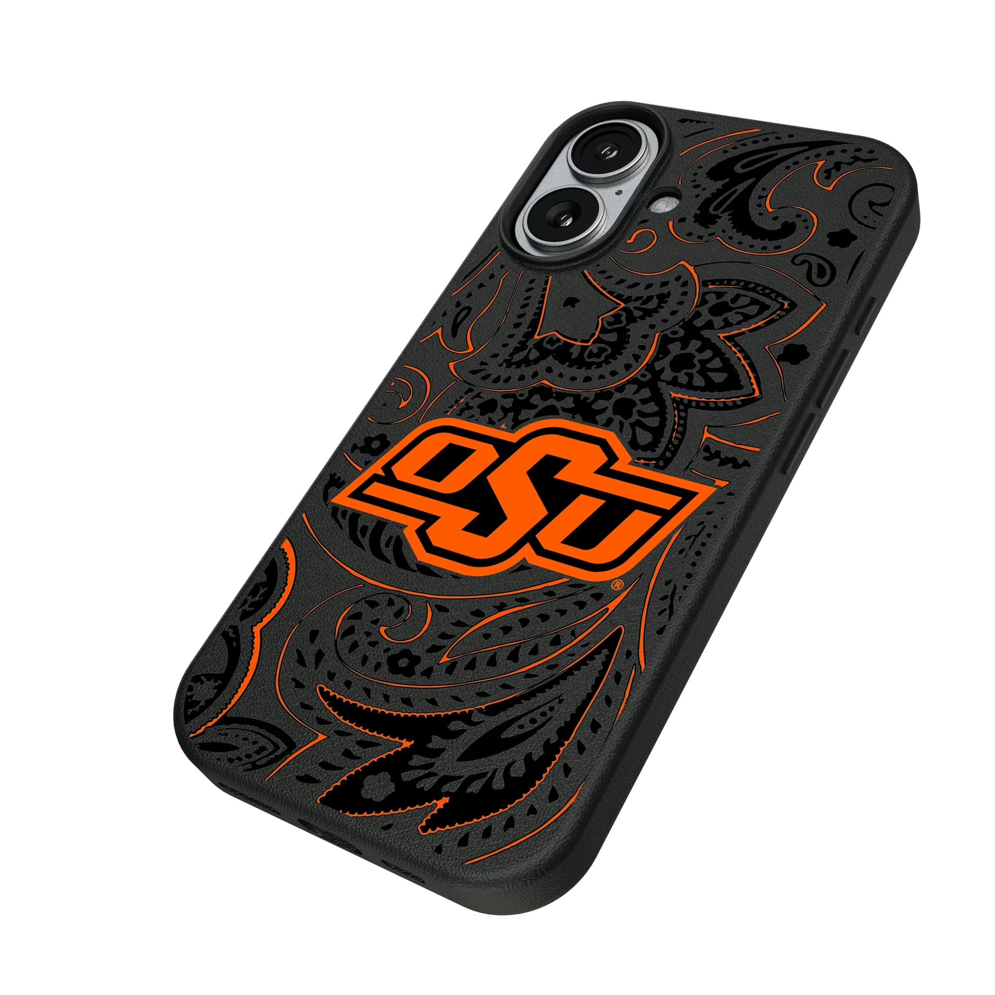 Oklahoma State University Cowboys Paisley iPhone MagSafe Compatible Phone Case for Apple iPhone - Isometric View#Device_iPhone 17