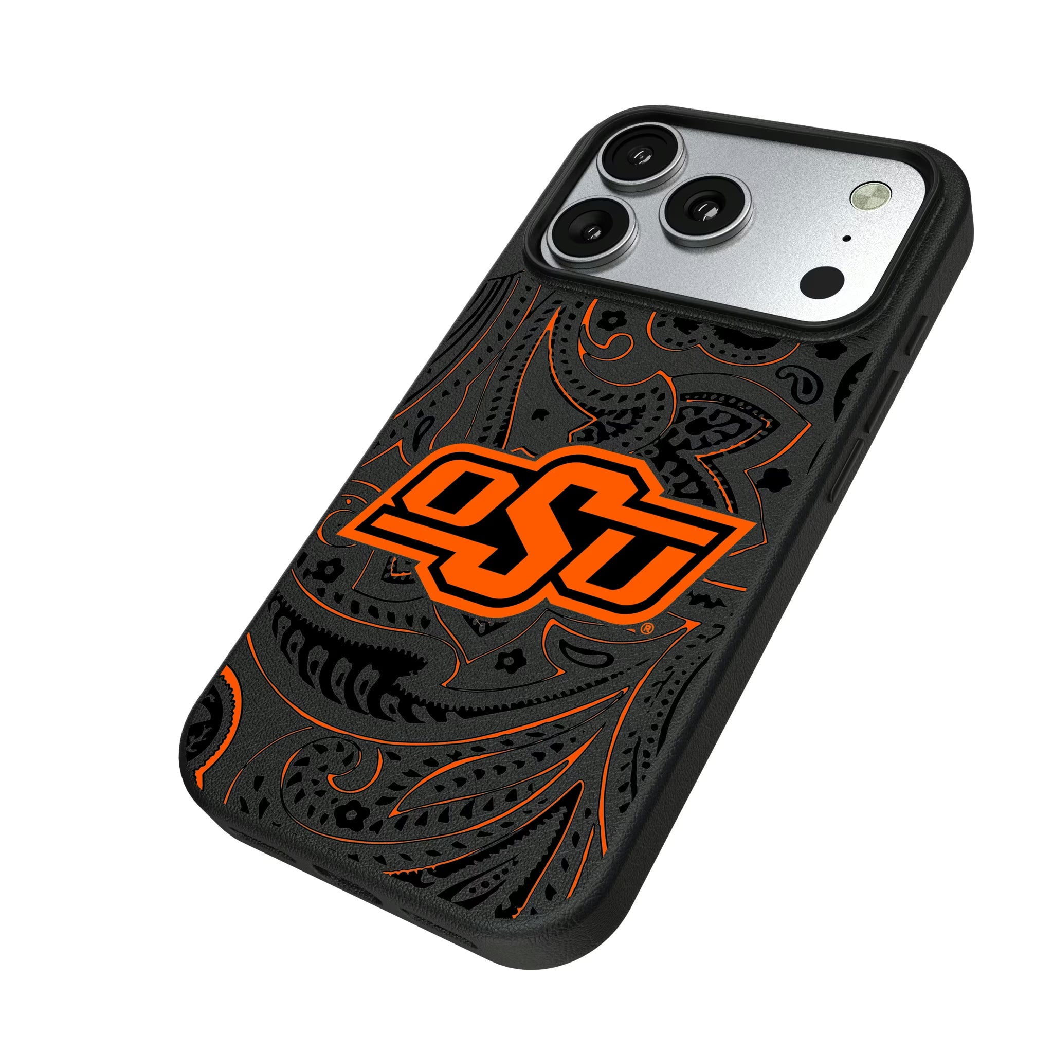 Oklahoma State University Cowboys Paisley iPhone MagSafe Compatible Phone Case for Apple iPhone - Isometric View#Device_iPhone 17 Pro