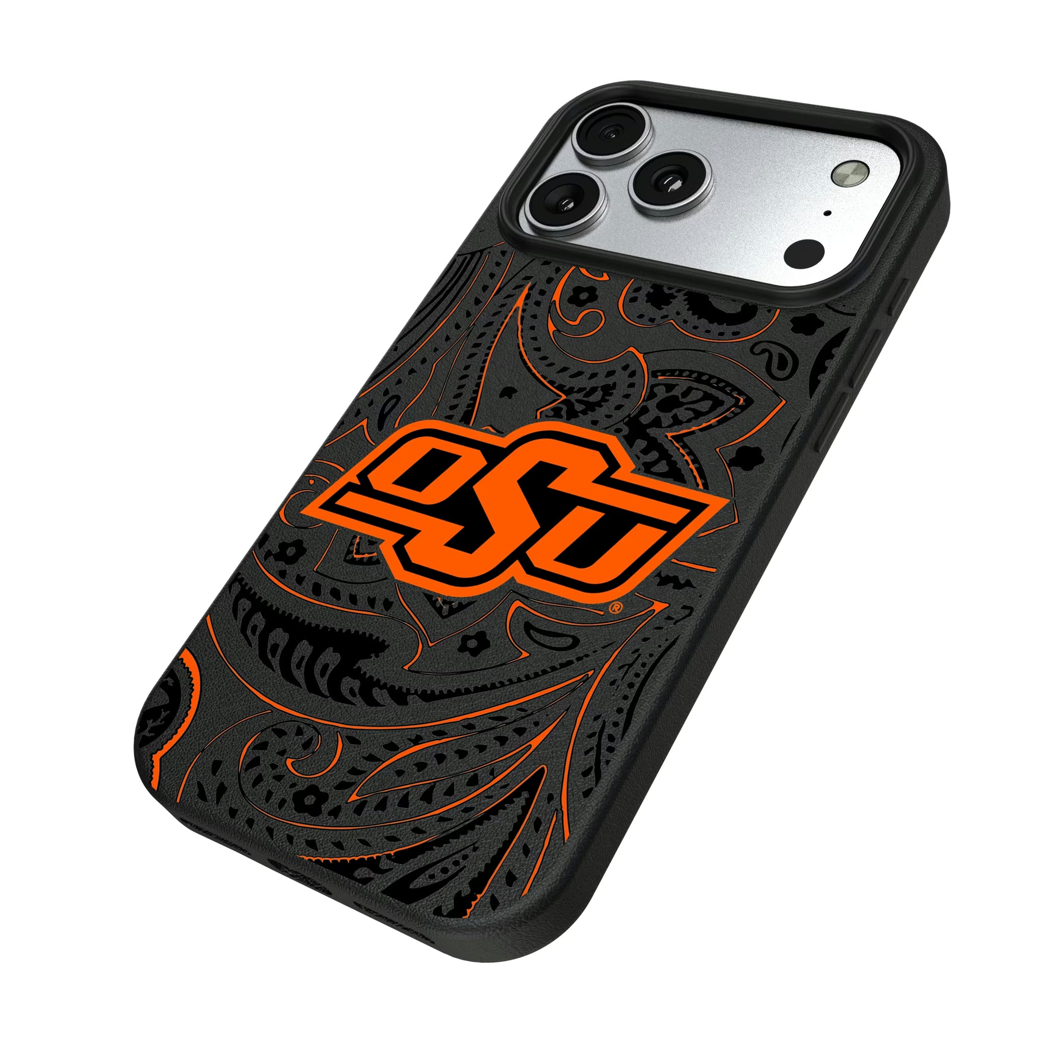Oklahoma State University Cowboys Paisley iPhone MagSafe Compatible Phone Case for Apple iPhone - Isometric View#Device_iPhone 17 Pro Max