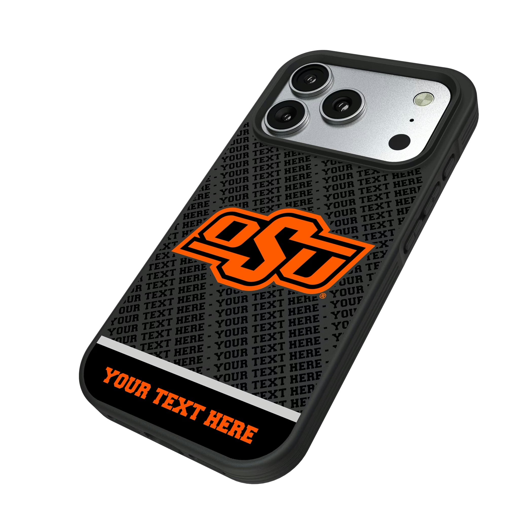 Oklahoma State University Cowboys Personalized EndZone Plus iPhone Bump Phone Case for Apple iPhone - Isometric View#Device_iPhone 17 Pro