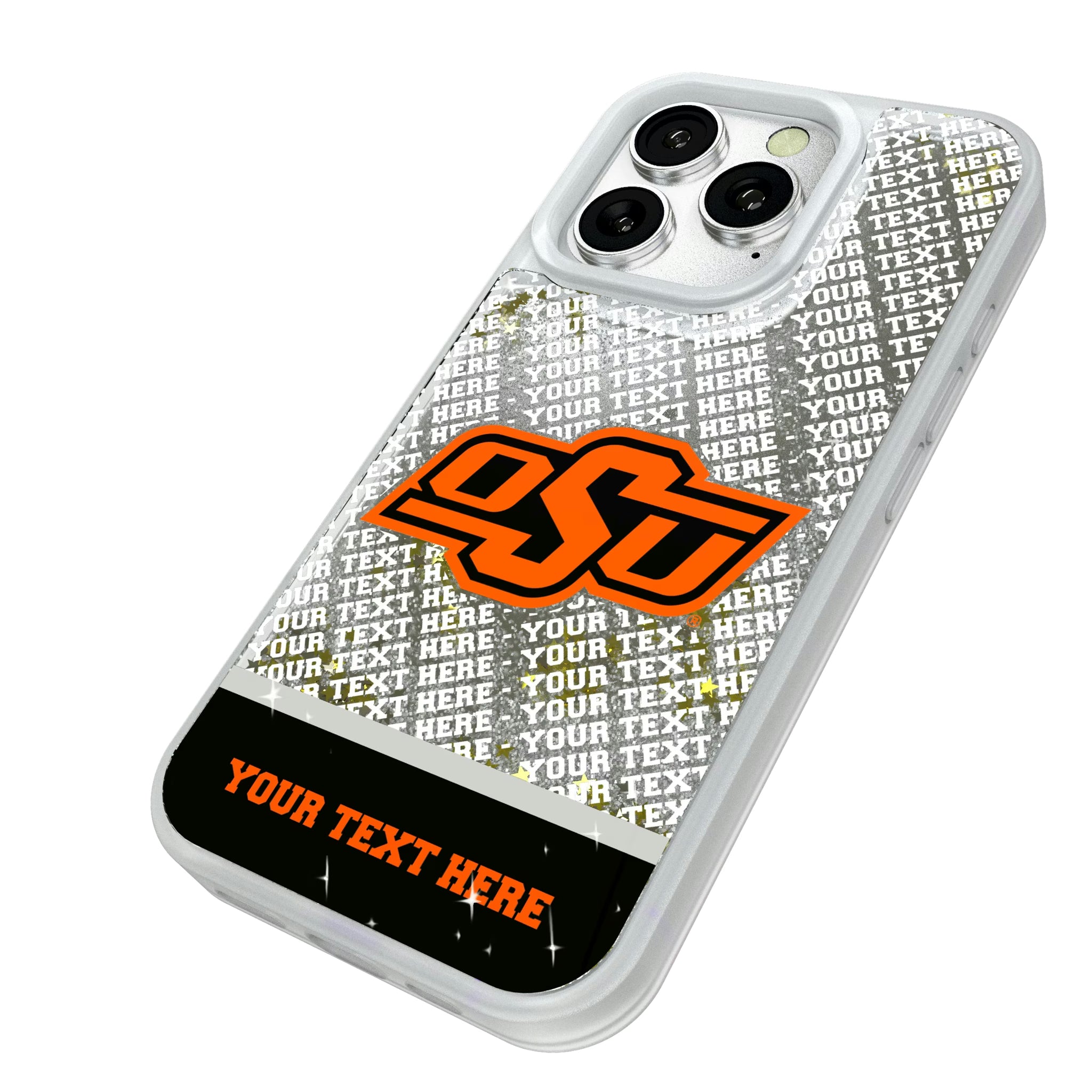 Oklahoma State University Cowboys Personalized EndZone Plus iPhone Glitter Phone Case for Apple iPhone - Isometric View#Device_iPhone 16 Pro