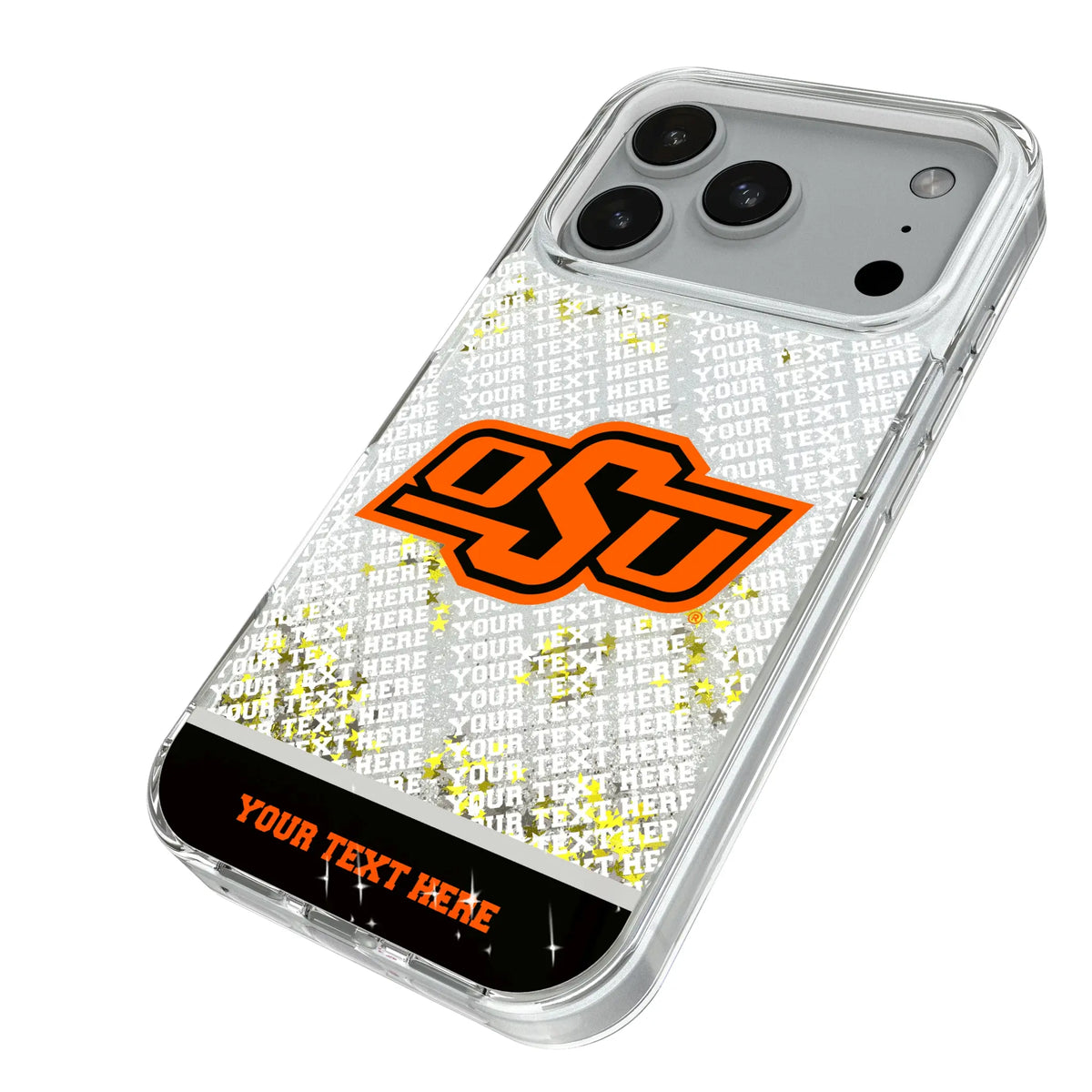 Oklahoma State University Cowboys Personalized EndZone Plus iPhone Glitter Phone Case for Apple iPhone - Isometric View#Device_iPhone 18 Pro