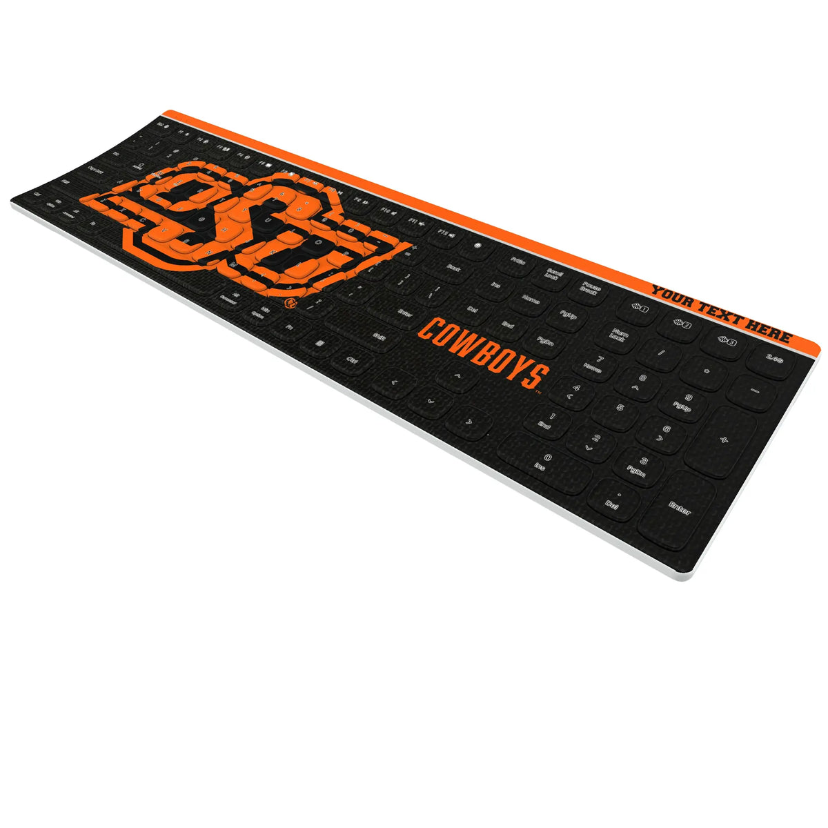 Oklahoma State University Cowboys Personalized Endzone Solid KKB605 Curved Wireless Keyboard - Isometric View