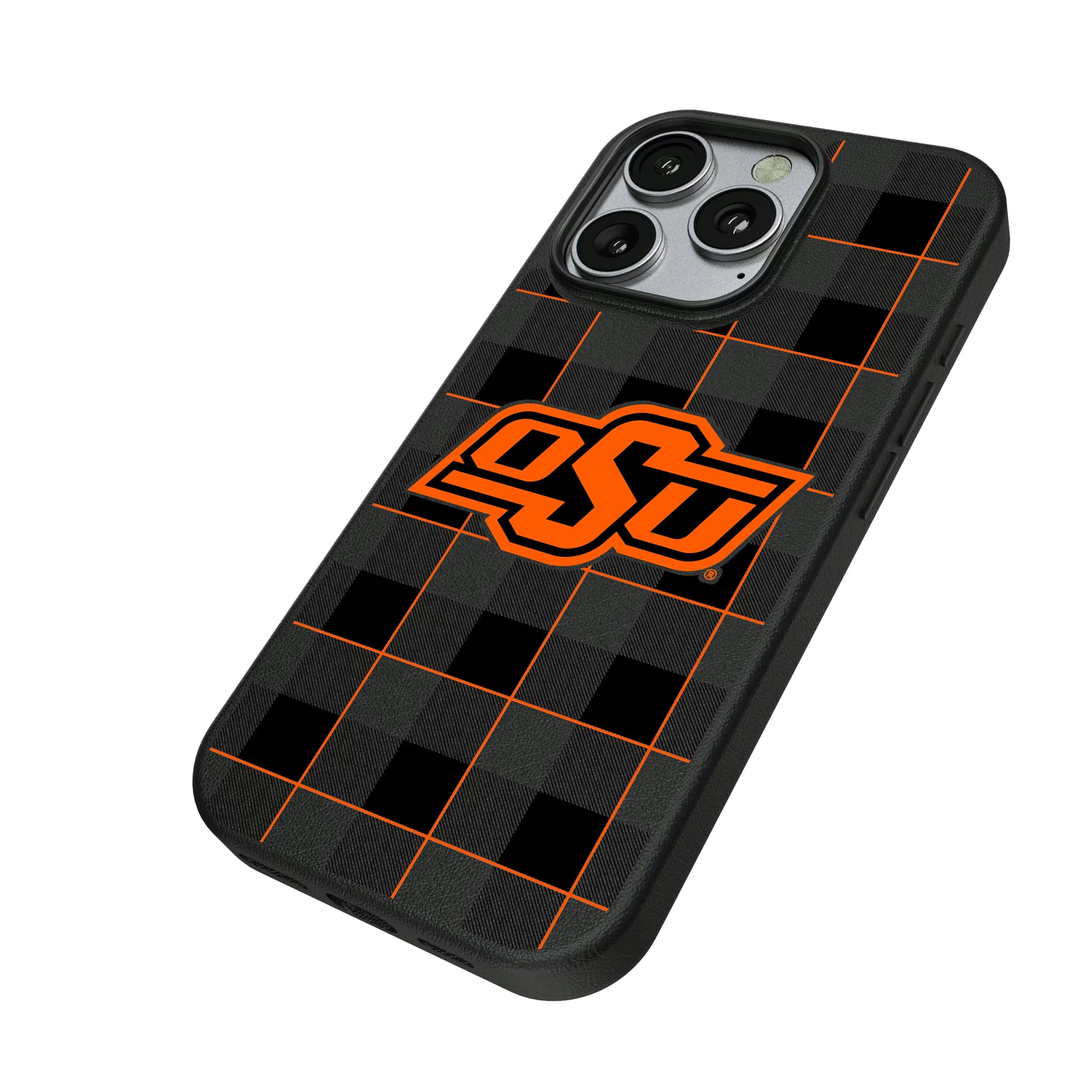 Oklahoma State University Cowboys Plaid iPhone MagSafe Compatible Phone Case for Apple iPhone - Isometric View
