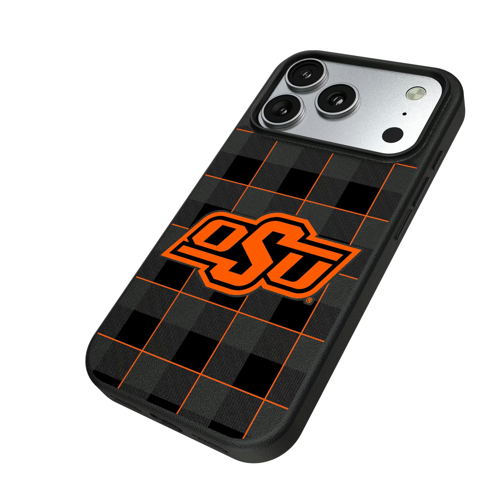 Oklahoma State University Cowboys Plaid iPhone MagSafe Compatible Phone Case for Apple iPhone - Isometric View#Device_iPhone 17 Pro
