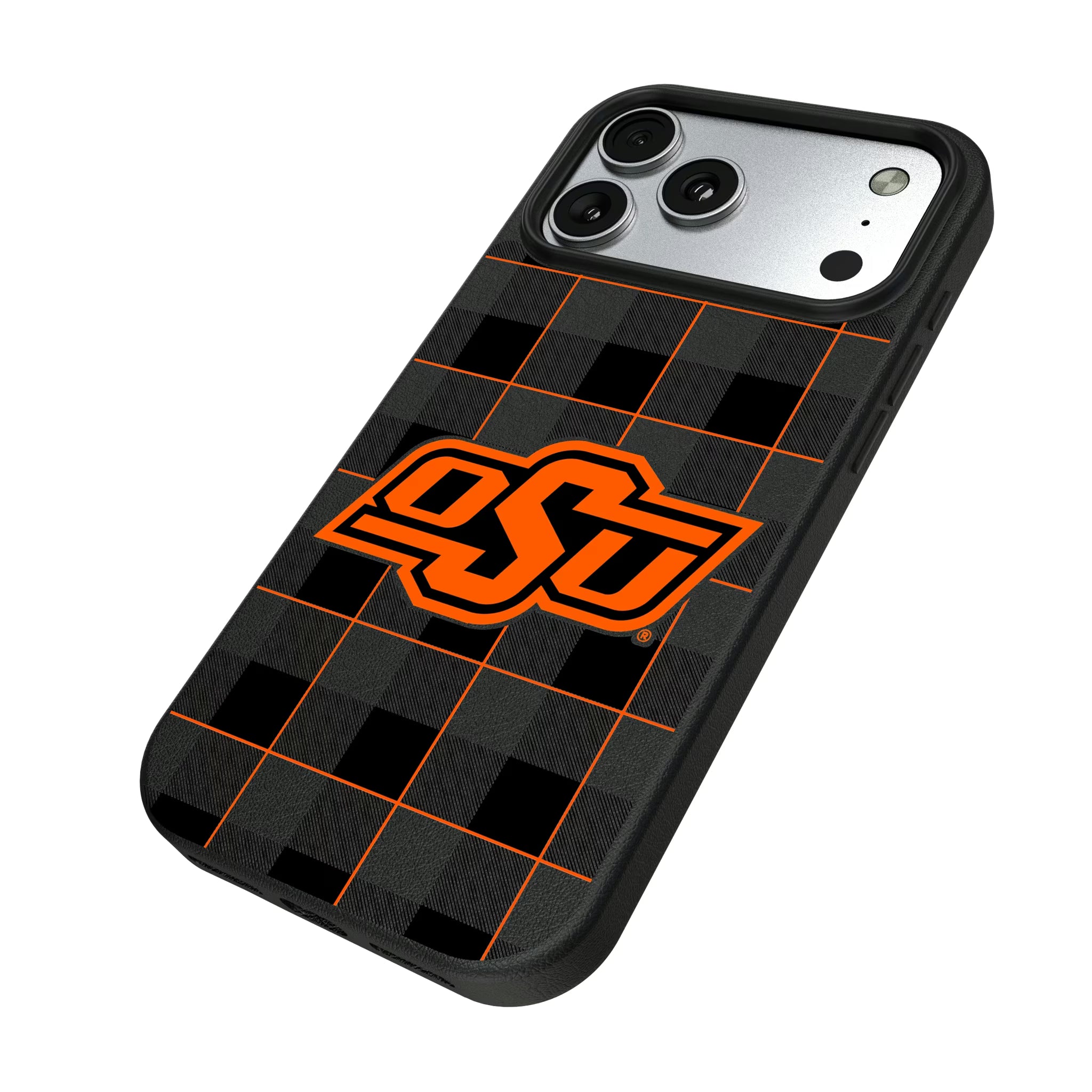 Oklahoma State University Cowboys Plaid iPhone MagSafe Compatible Phone Case for Apple iPhone - Isometric View#Device_iPhone 17 Pro Max
