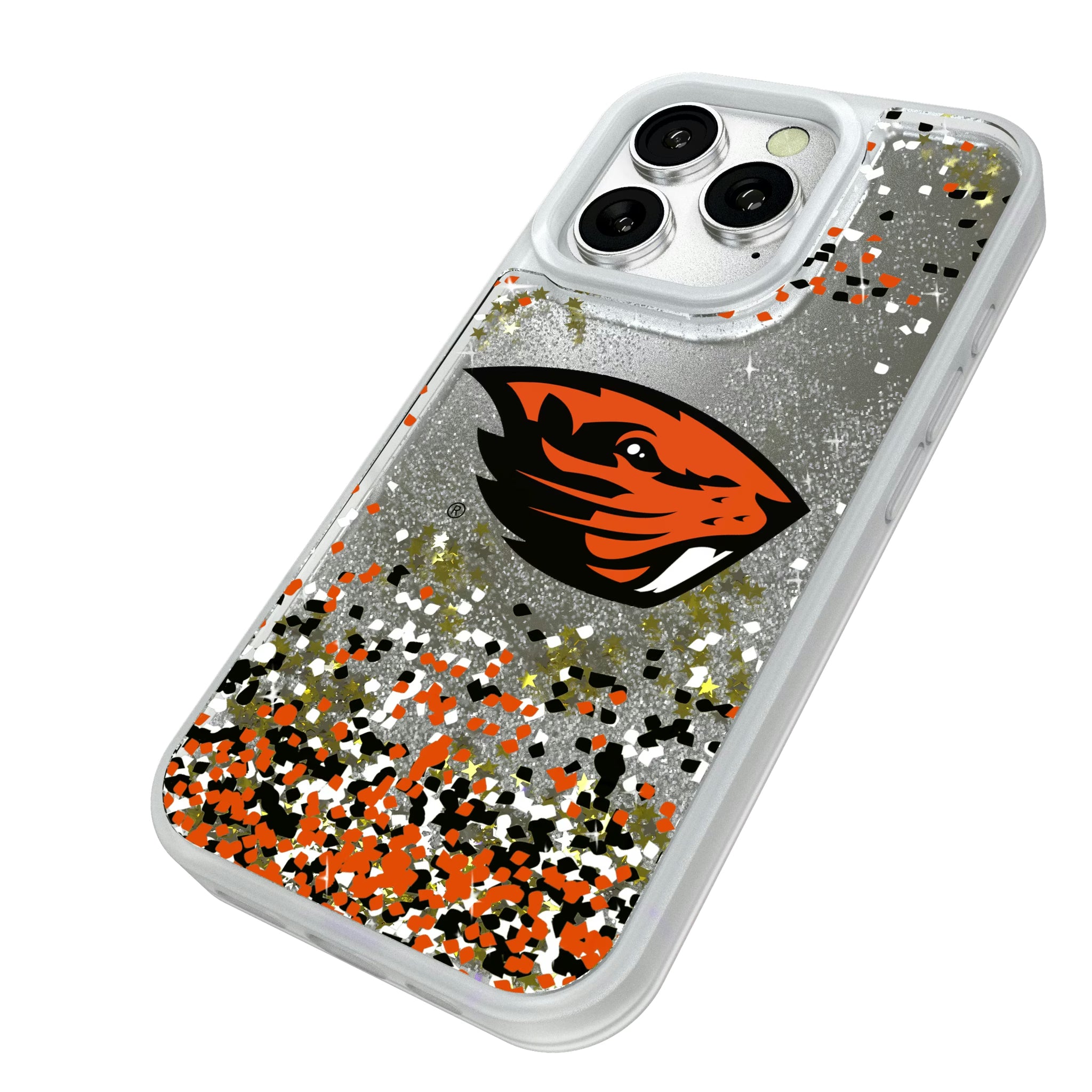 Oregon State University Beavers Confetti iPhone Glitter Phone Case for Apple iPhone - Isometric View#Device_iPhone 16 Pro