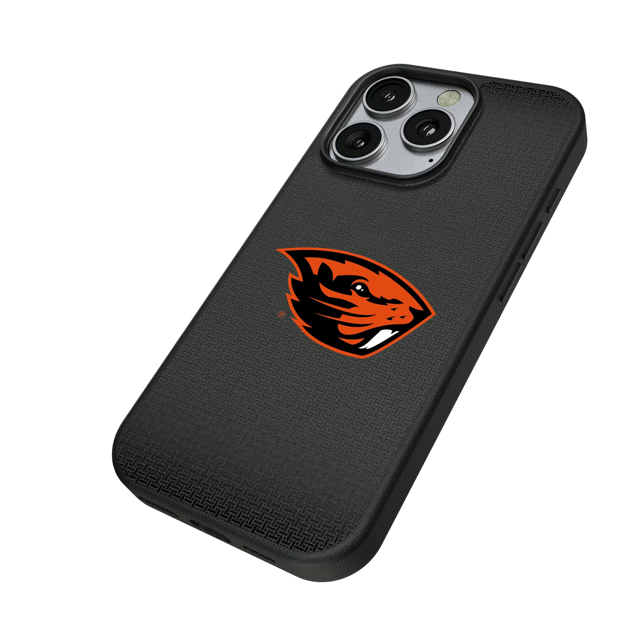 Oregon State University Beavers Linen iPhone MagSafe Compatible Phone Case for Apple iPhone - Isometric View