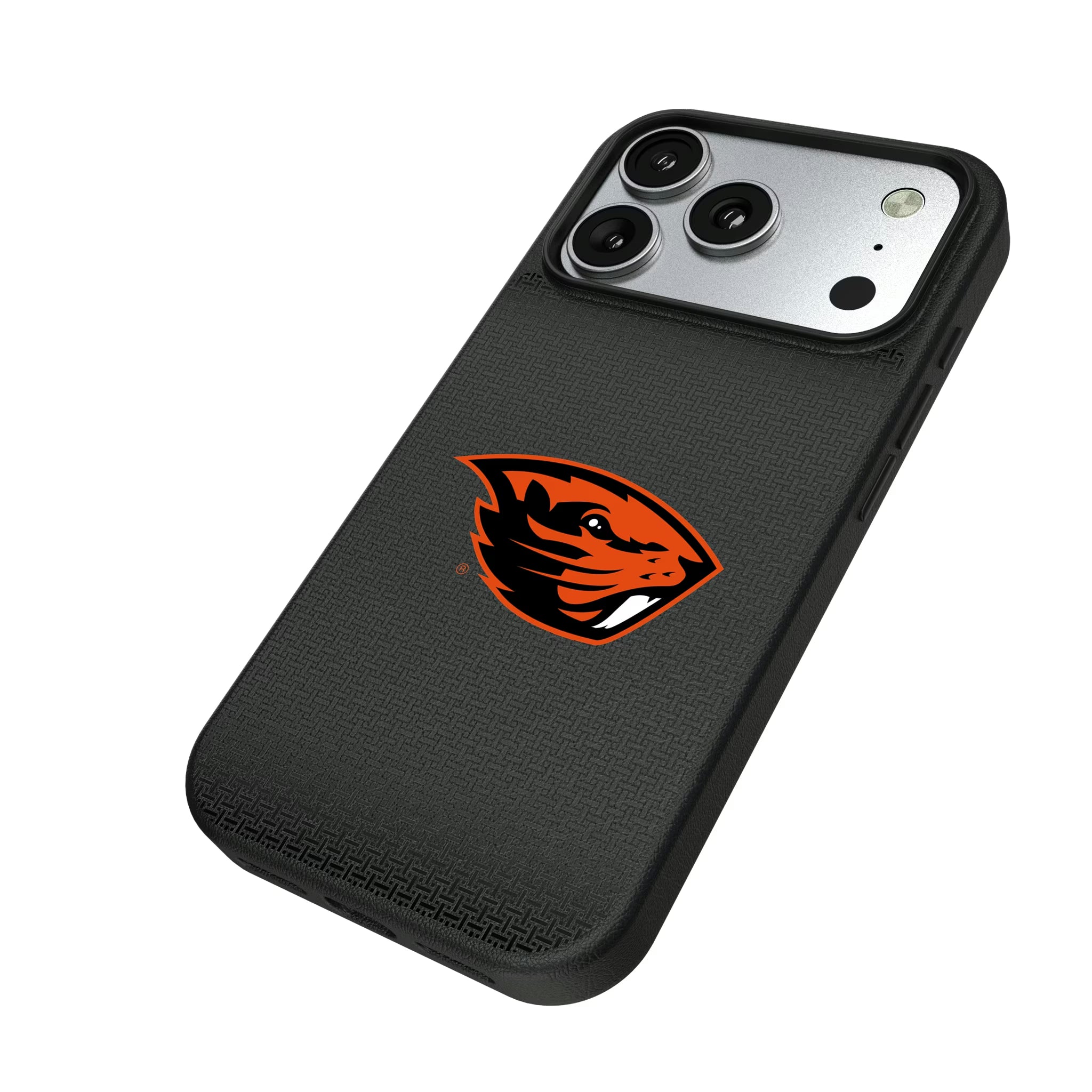 Oregon State University Beavers Linen iPhone MagSafe Compatible Phone Case for Apple iPhone - Isometric View#Device_iPhone 17 Pro