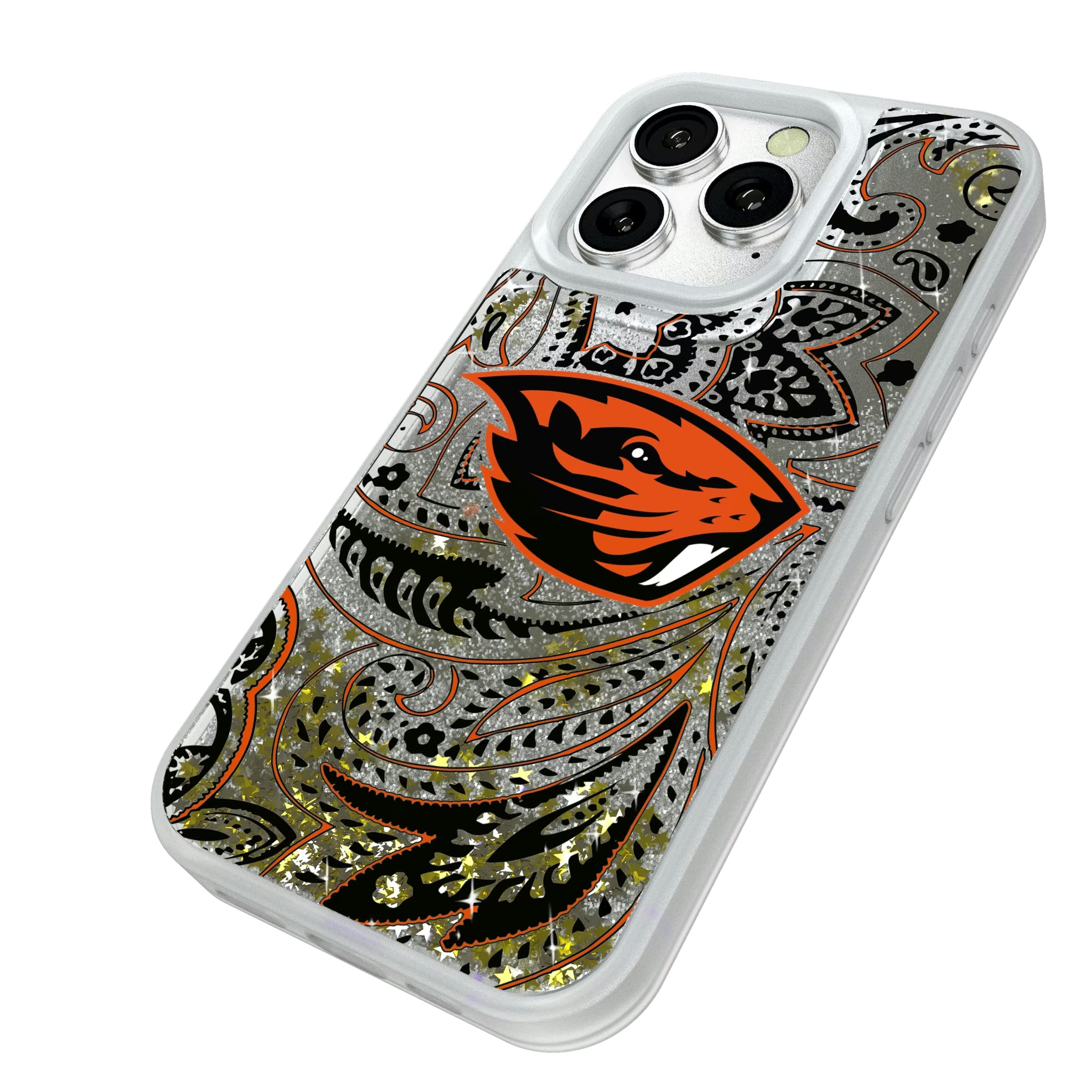 Oregon State University Beavers Paisley iPhone Glitter Phone Case for Apple iPhone - Isometric View#Device_iPhone 16 Pro