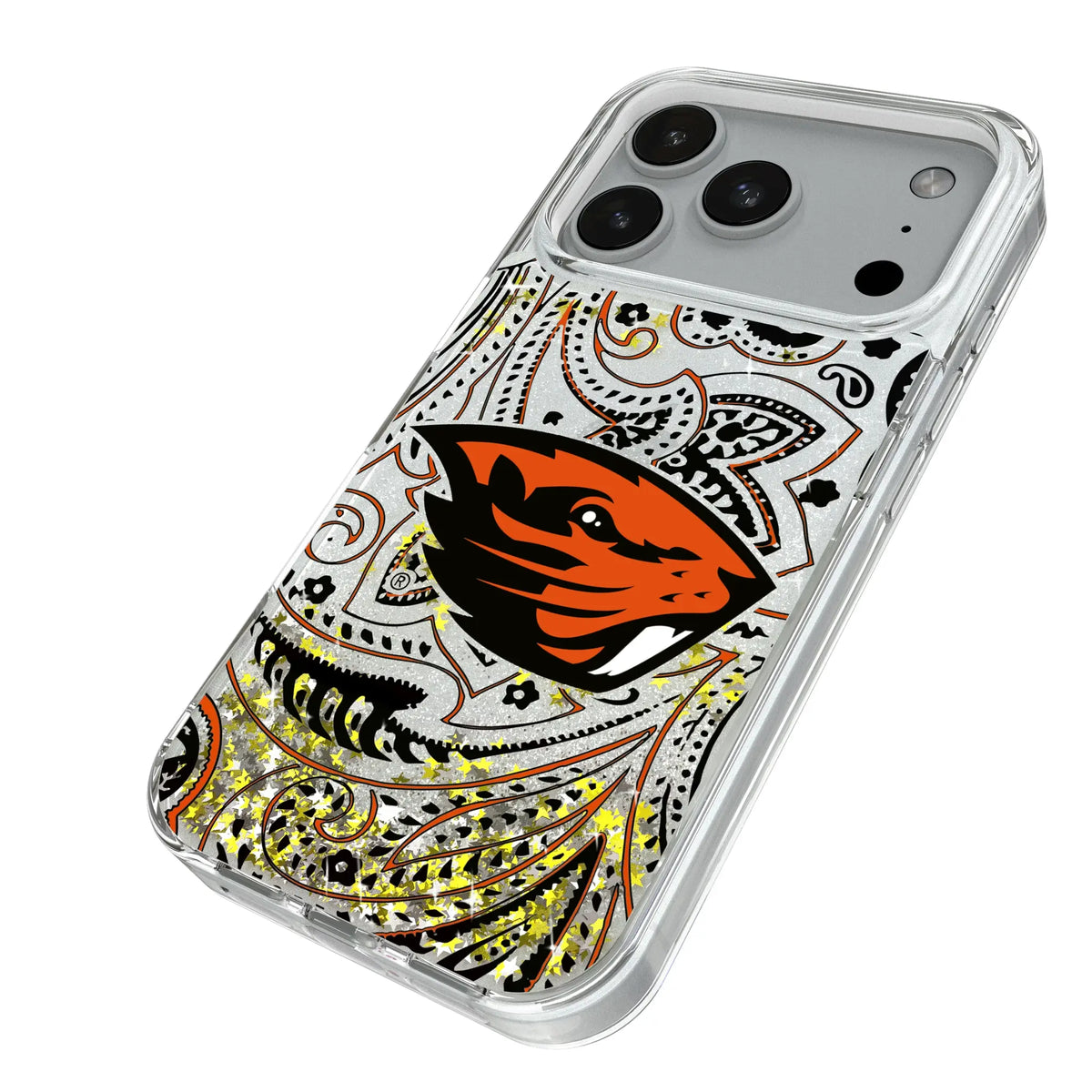Oregon State University Beavers Paisley iPhone Glitter Phone Case for Apple iPhone - Isometric View#Device_iPhone 18 Pro