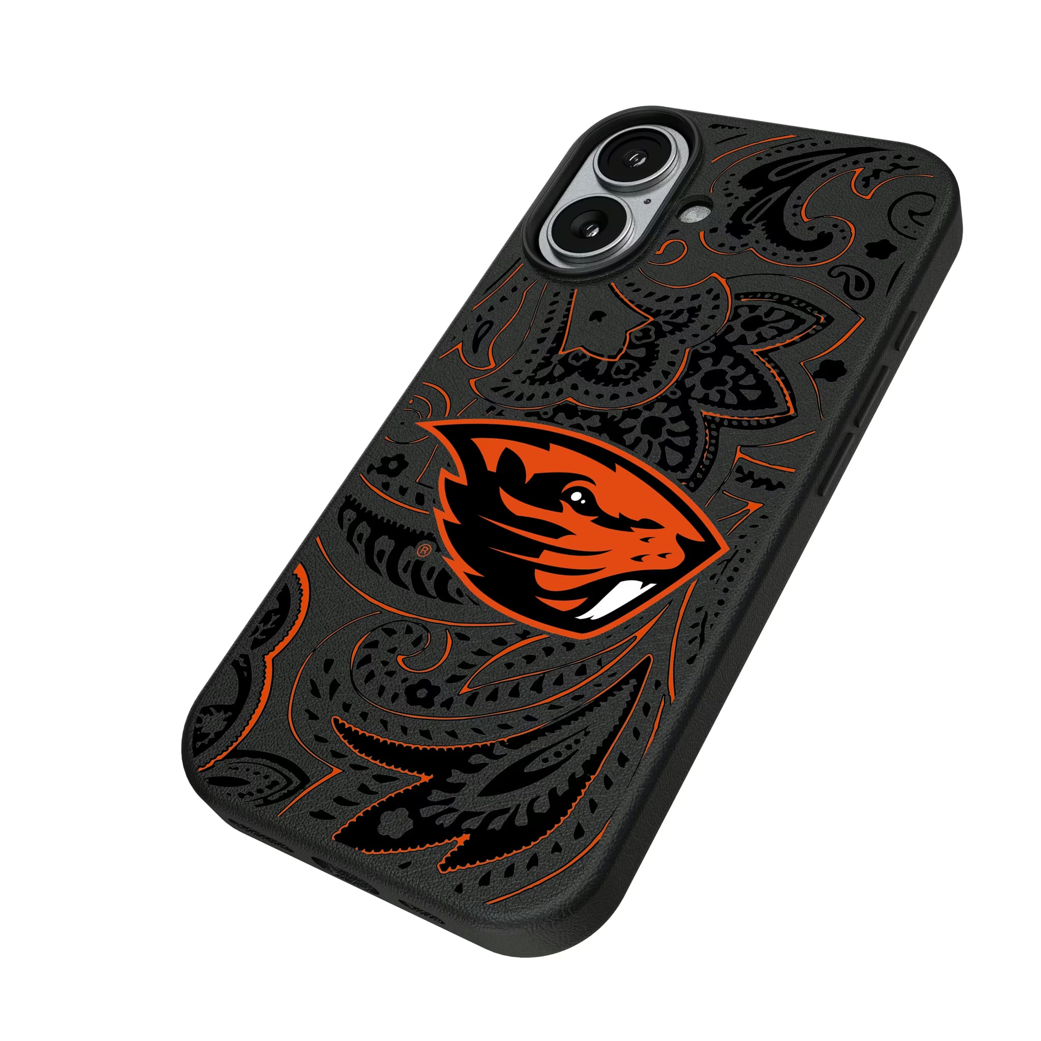Oregon State University Beavers Paisley iPhone MagSafe Compatible Phone Case for Apple iPhone - Isometric View#Device_iPhone 17
