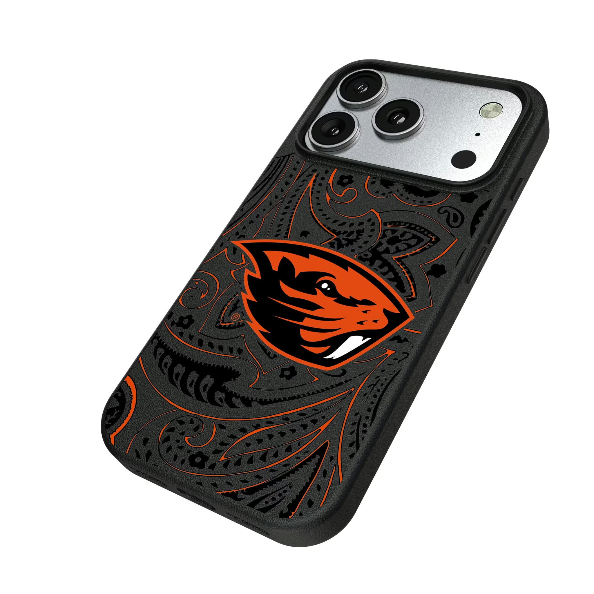 Oregon State University Beavers Paisley iPhone MagSafe Compatible Phone Case for Apple iPhone - Isometric View#Device_iPhone 17 Pro